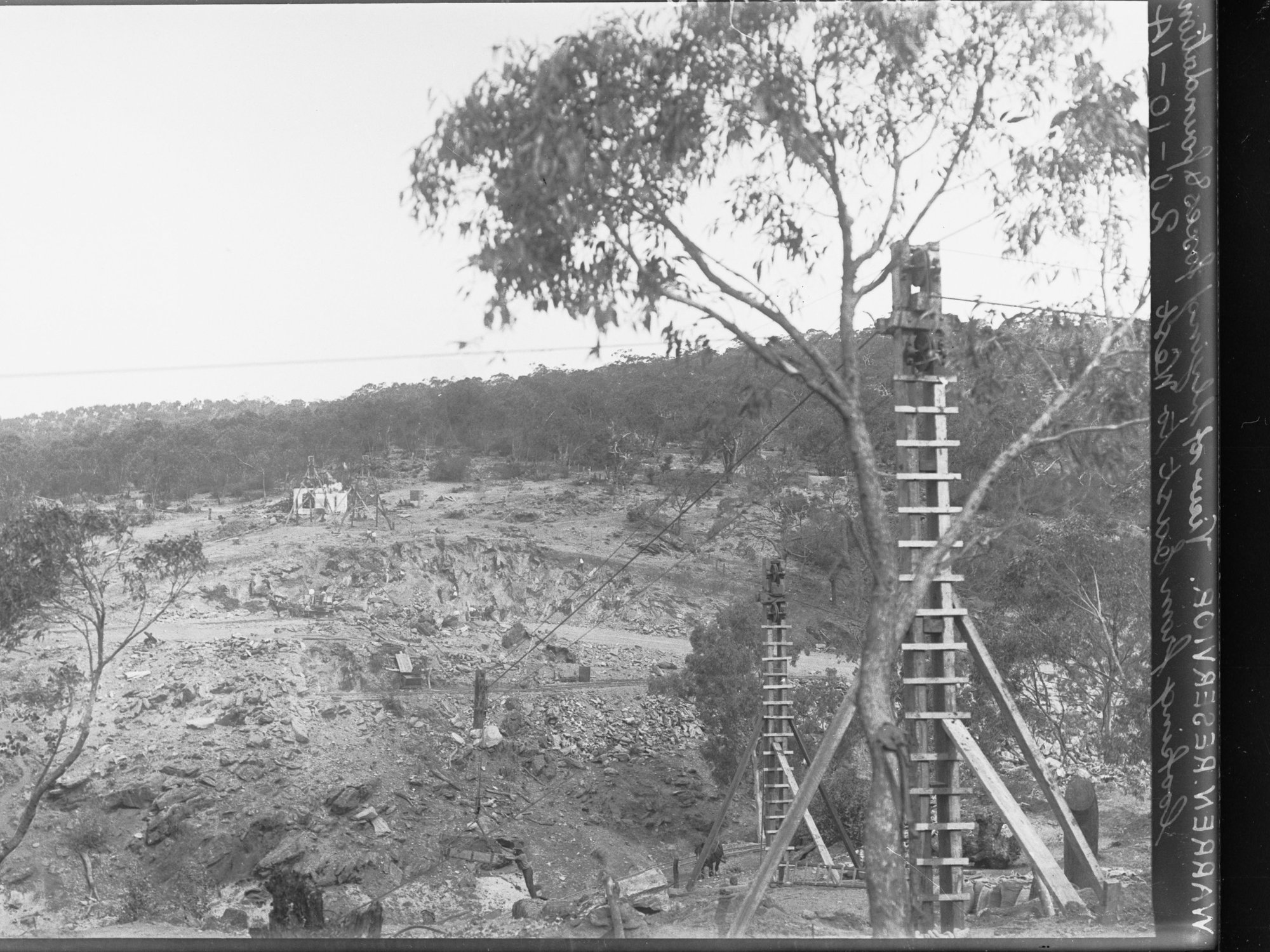 Construction of Warren Reservoir ,on South Para River, South Australia,  view of flying foxes and foundations, looking from east to west
