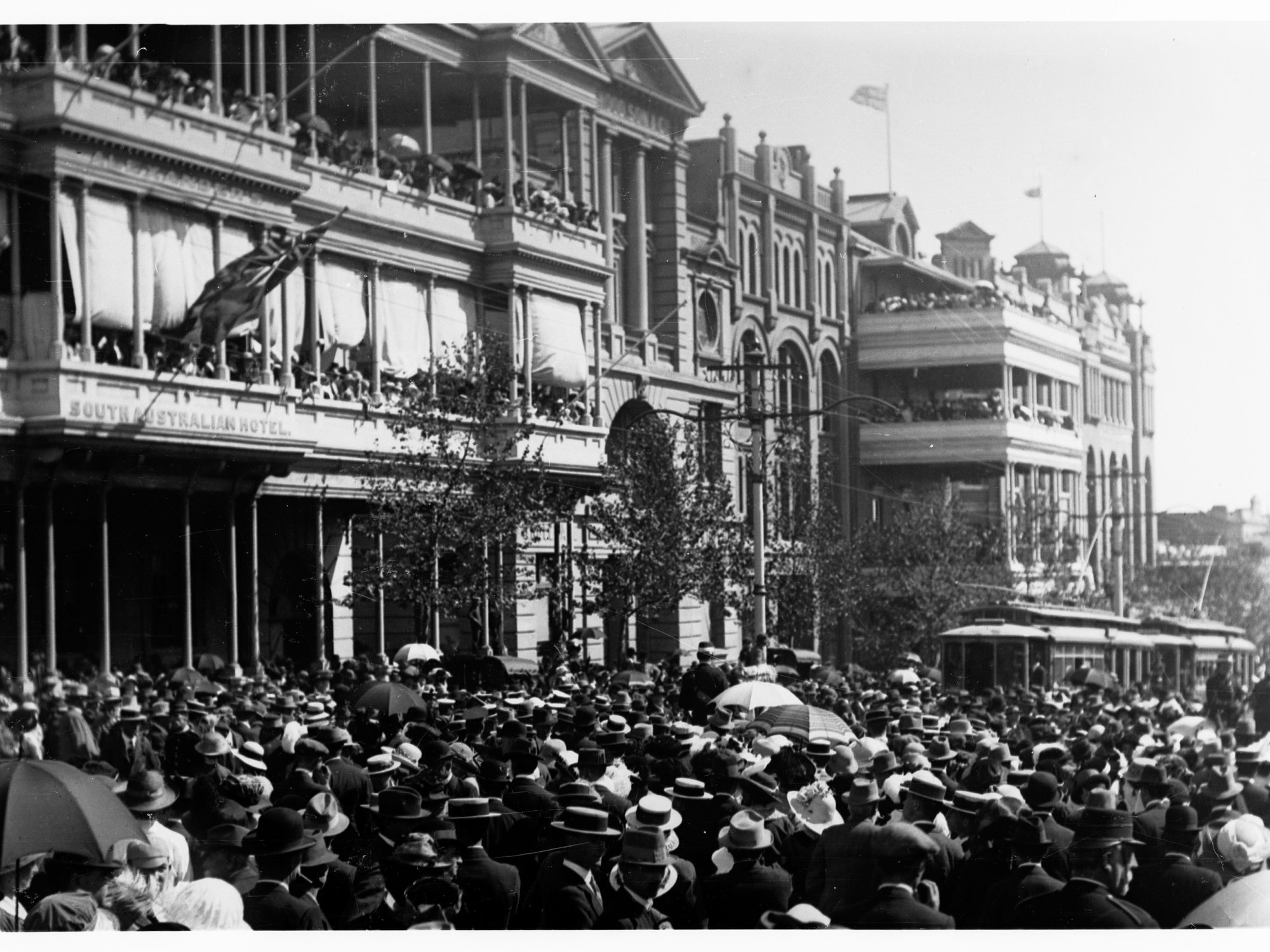 Crowds of people in North Terrace, Adelaide, South Australia for the visit of the Prince of Wales