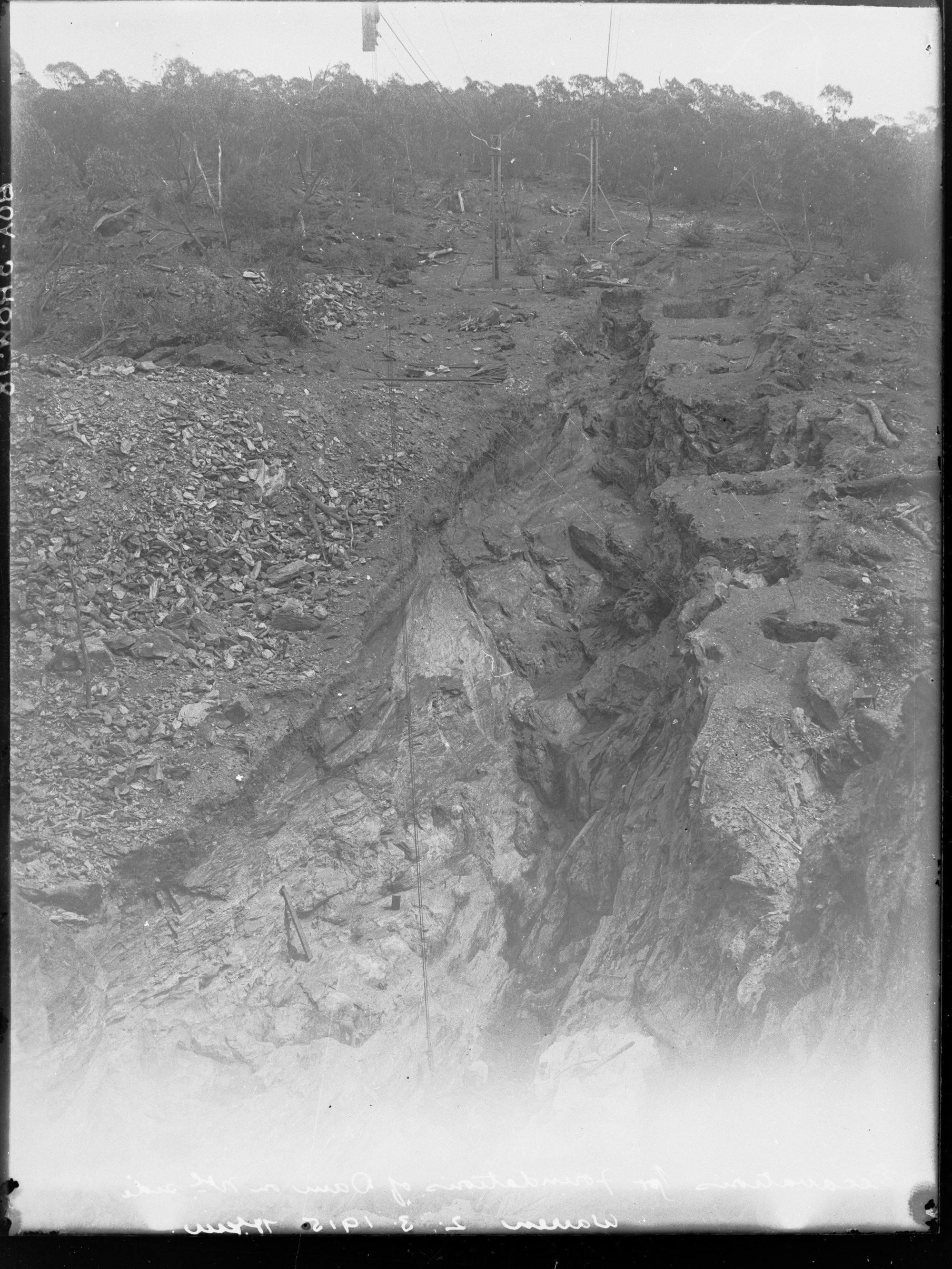 Construction of Warren Reservoir, South Australia excavation for foundation of dam, north side