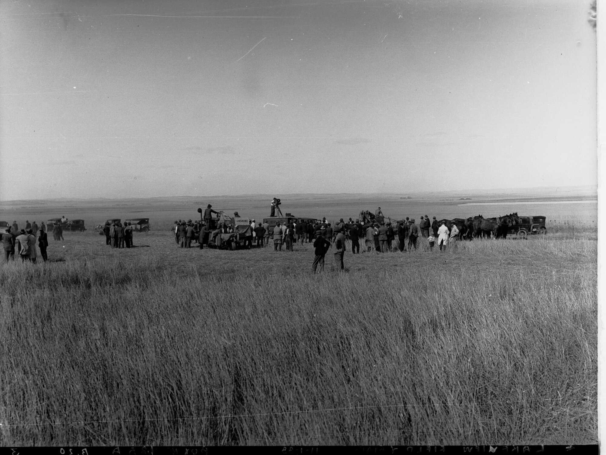 Lake View Field Trials  Crowd in the field with harvesters showing a camera crew