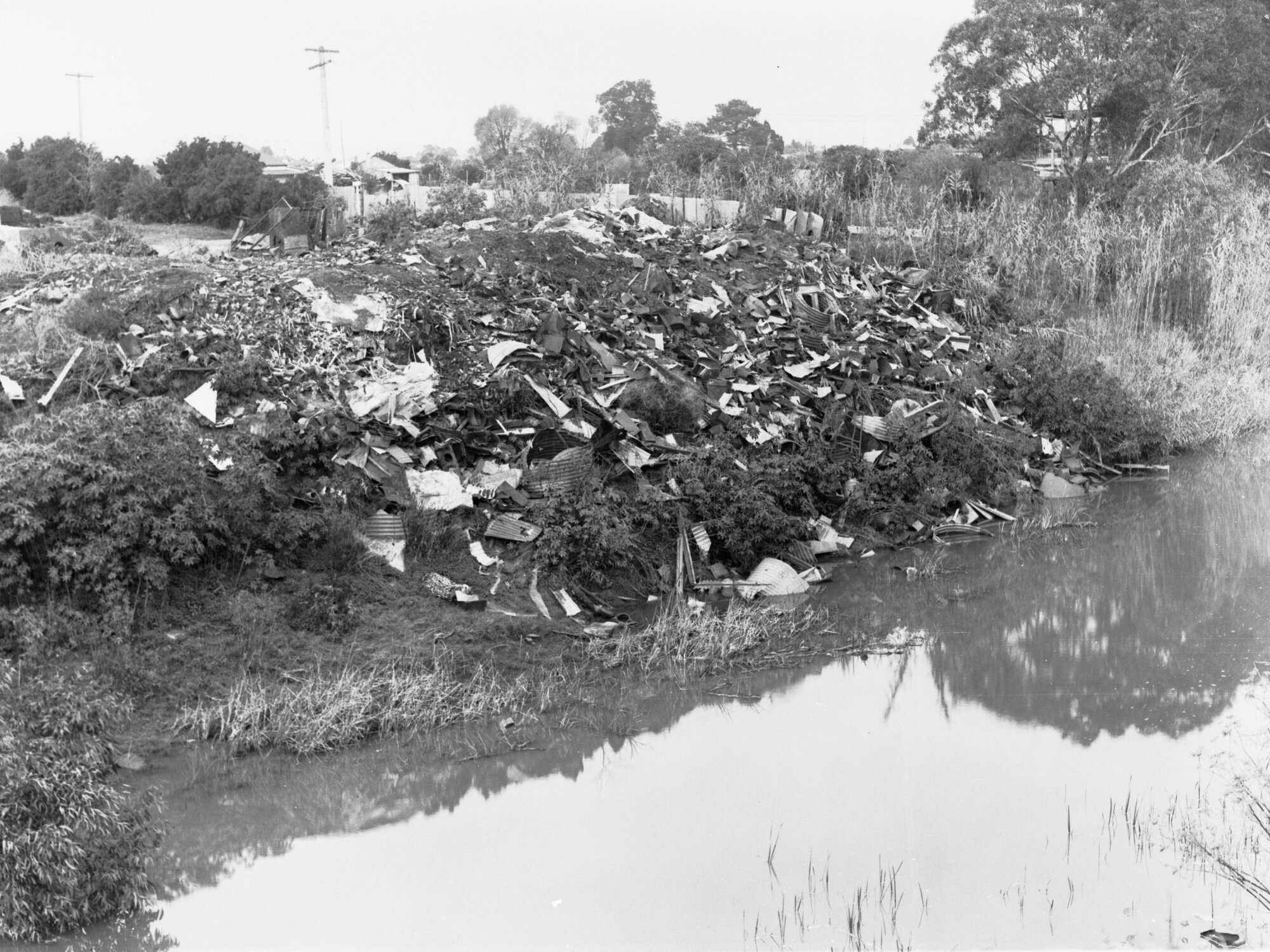 Soil Erosion, River Torrens, showing lots of garbage on riverbank