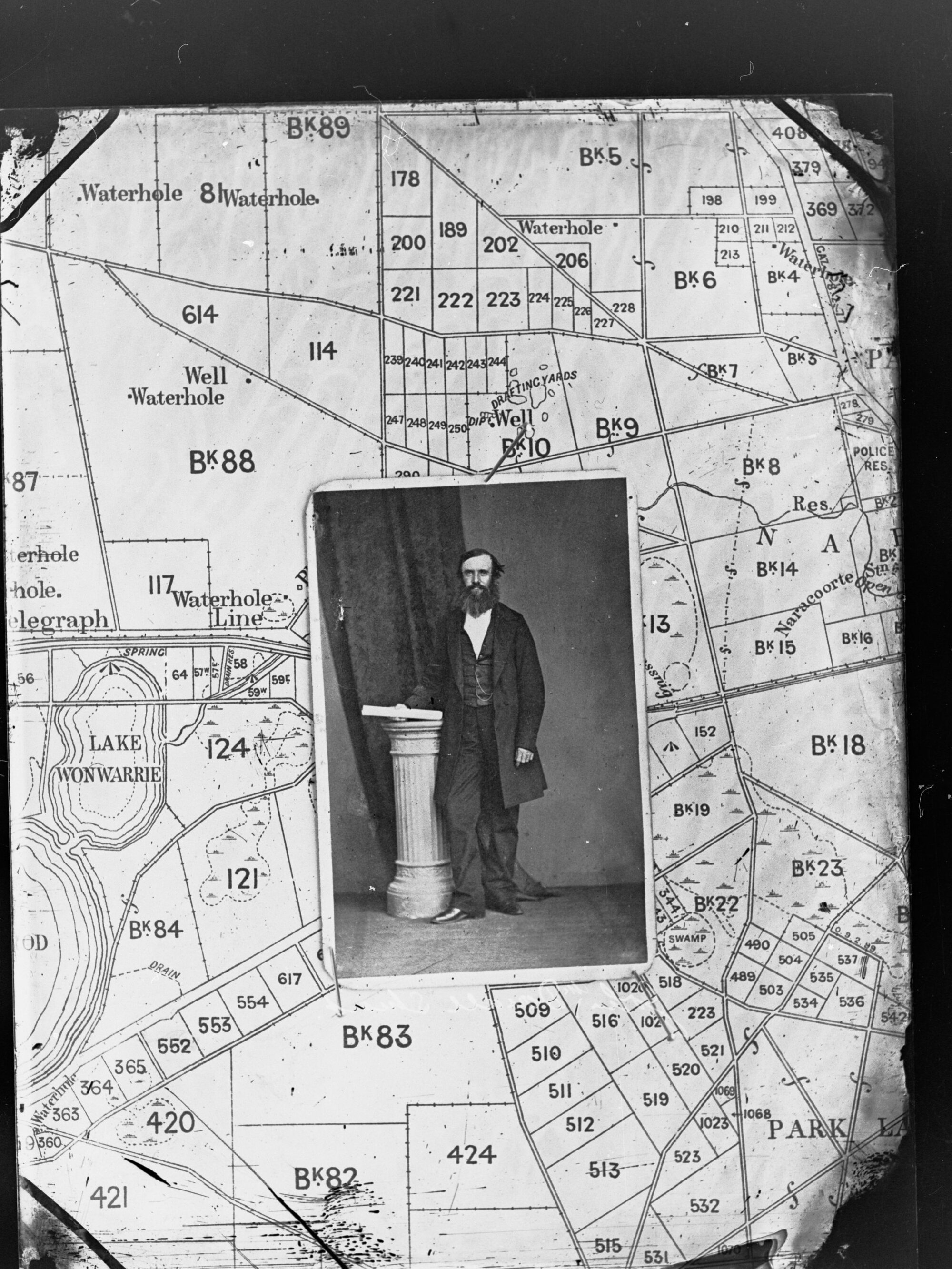 John McDouall Stuart with map of  Naracoorte district in background