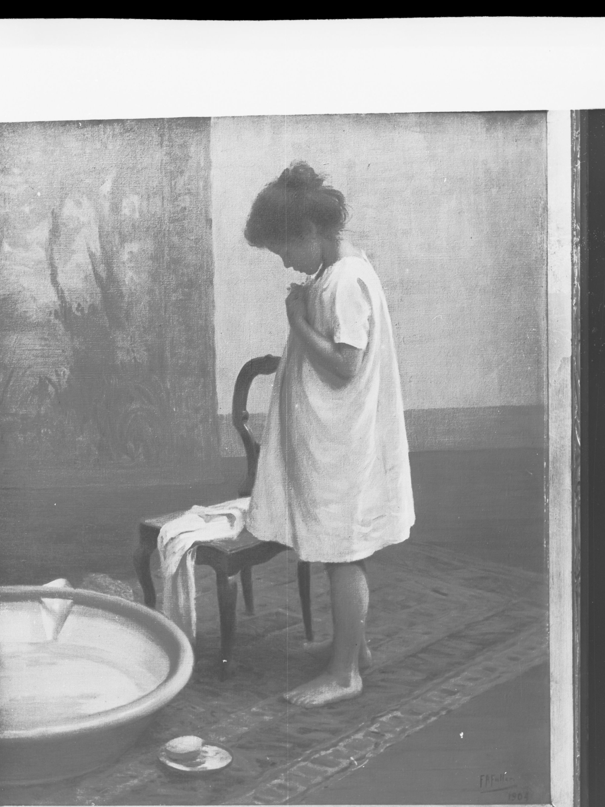 Little girl preparing for a bath - painting by F A Fuller - THE PRINT CORRESPONDING WITH THIS ACCESSION FILE IS MISSING
