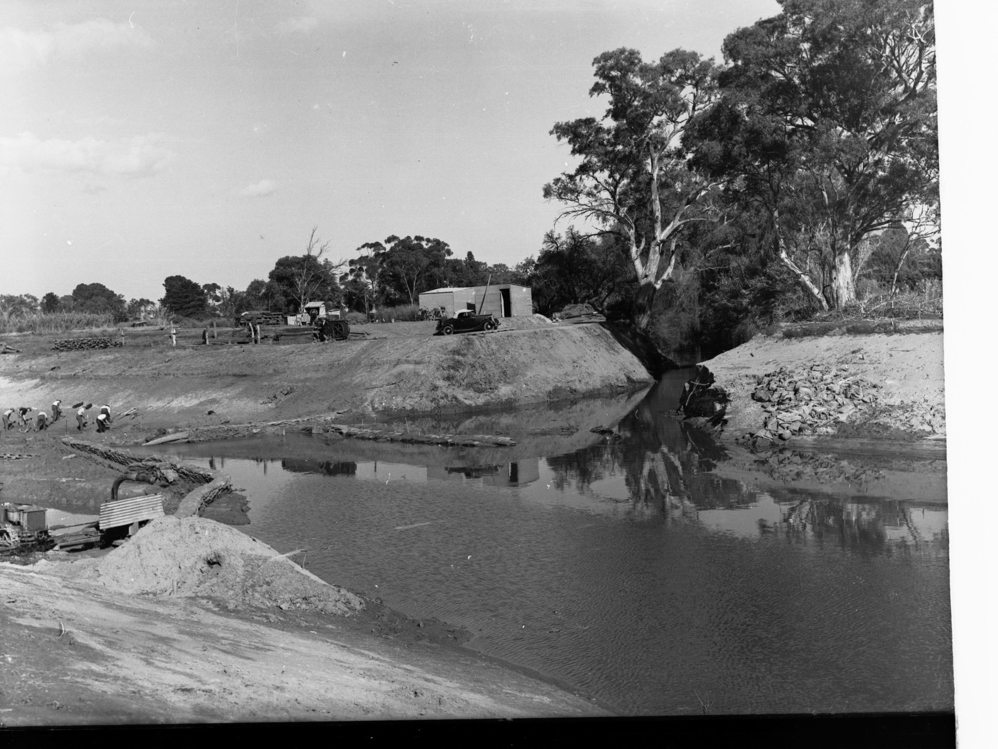 Torrens Flood Water Scheme Showing Automobiles and a Tin Shed