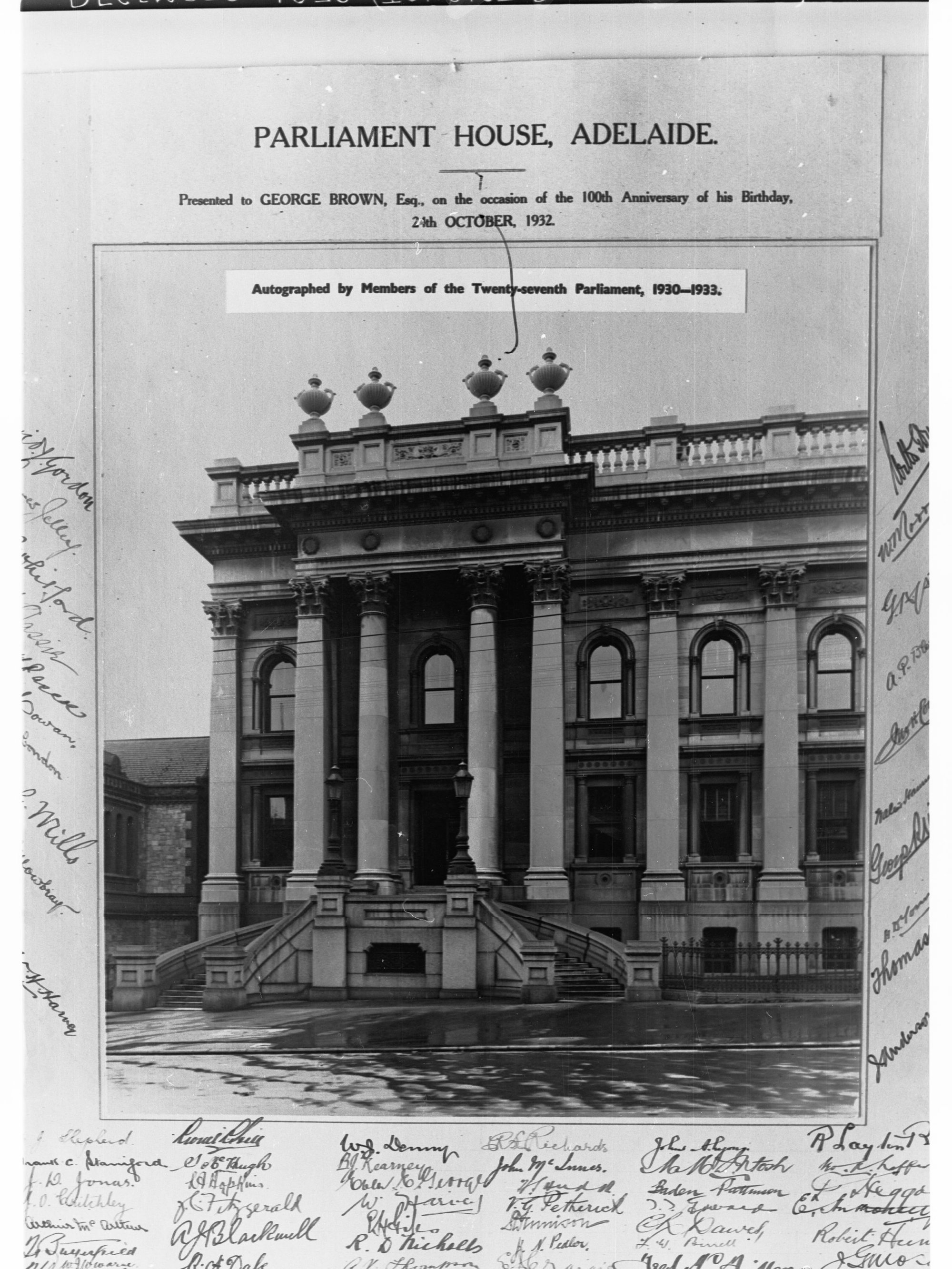 Picture of Parliament House Presented to George Brown Esquire on His 100th Birthday.