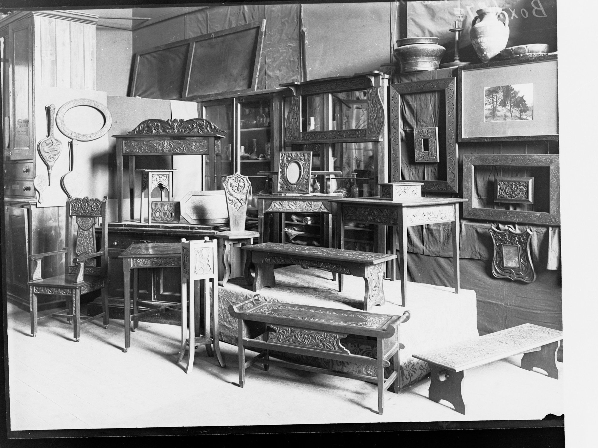 Adelaide School of Arts, Annual Exhibition 1911 - Woodcarving exhibit (tables, chairs, picture frames)