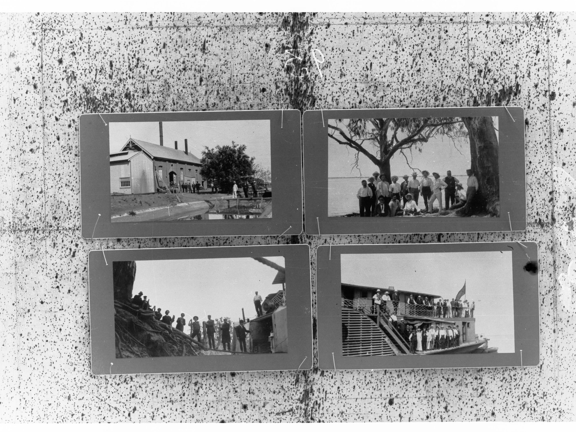 Top Left - Loveday Pumping Station - TopRight - Gruop of Kingston Village Settlers at Lake Bonney - Bottom Right - Paddlesteamer - Bottom Left - Men on River Bank