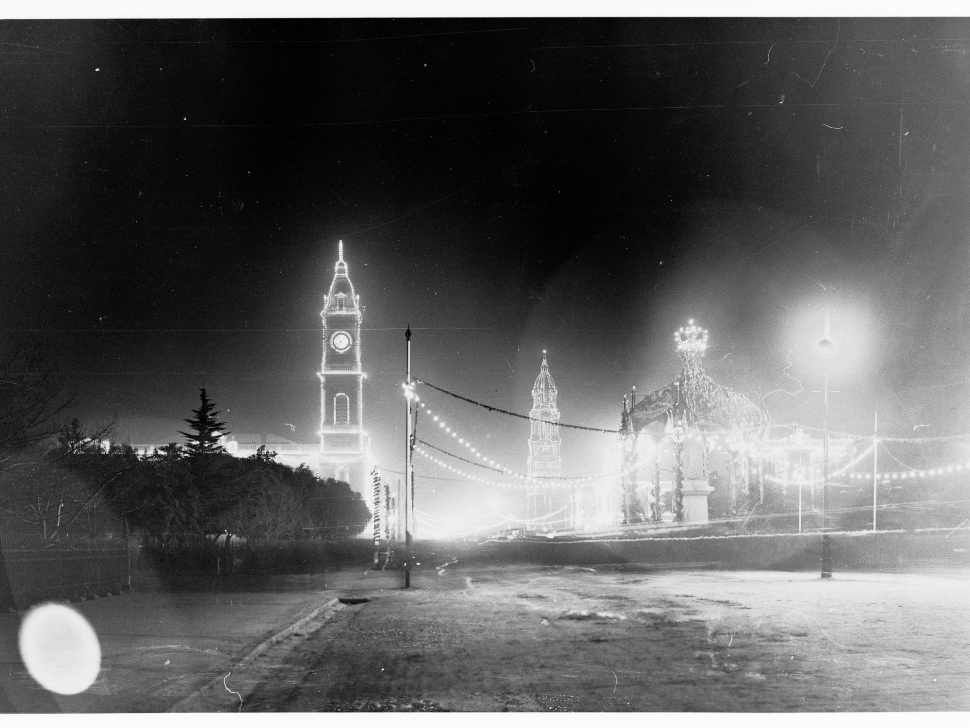 King William Street, from Victoria Square, illuminated at night - for Duke of York's visit