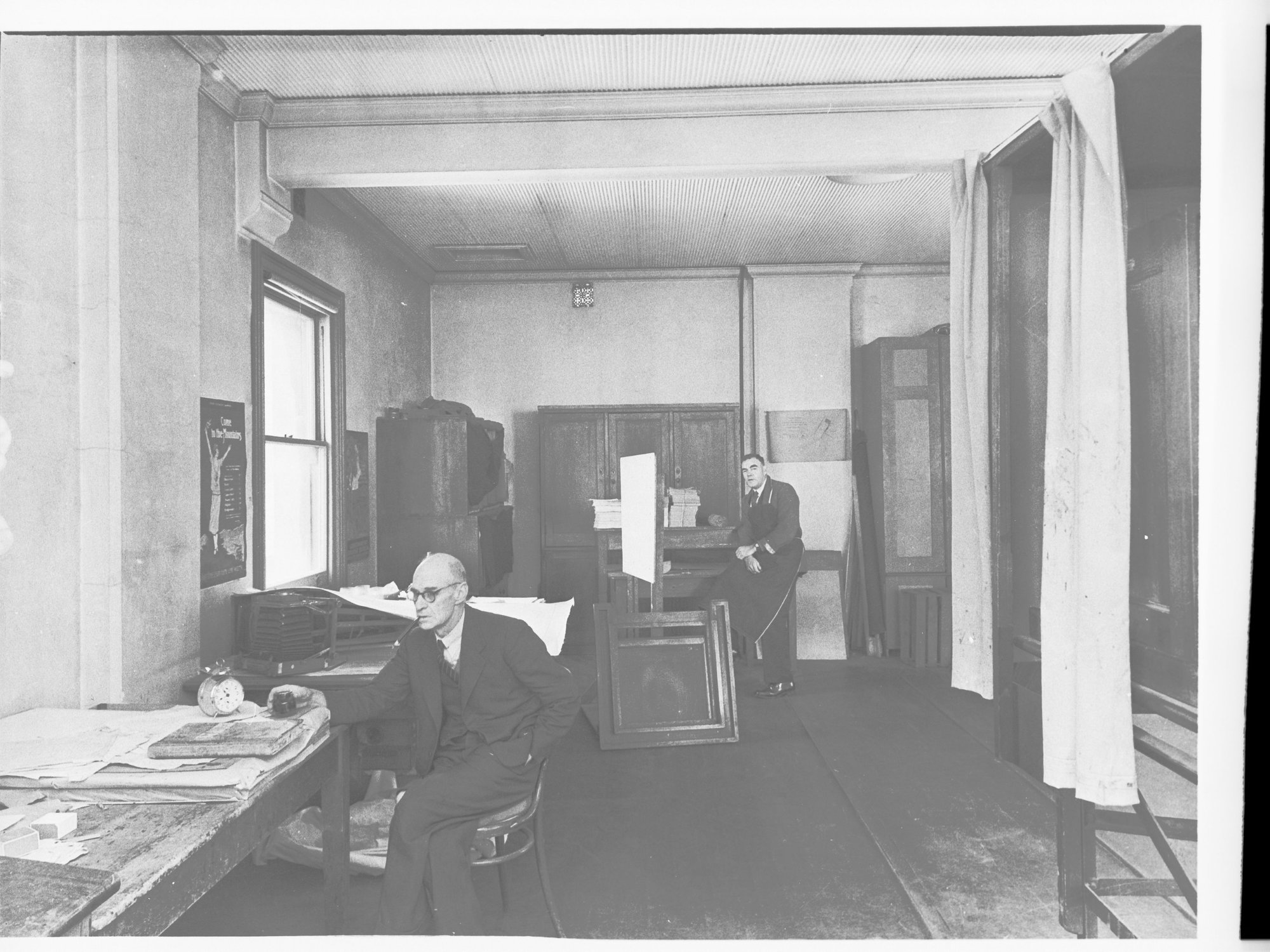 Lands Department Photolithographic Printing Room - shows two men, camera and glass negative plate container