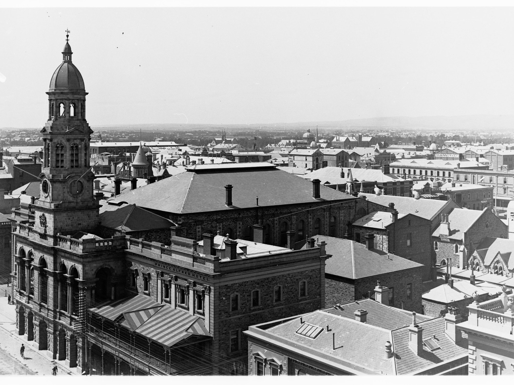 Rooftops on the east side of King William Street - shows front of Town Hall and Prince Alfred Hotel