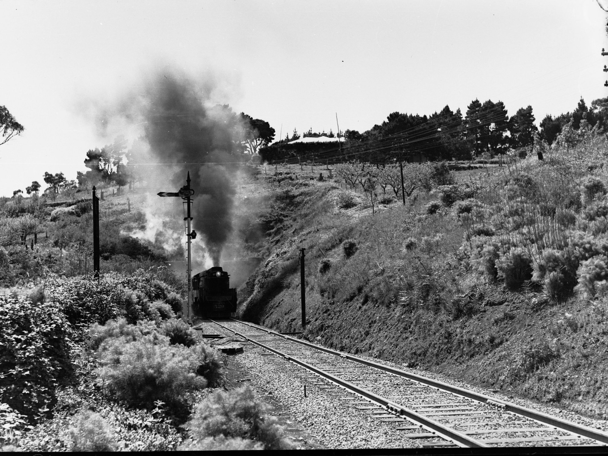 Railway  locomotive on track through countryside