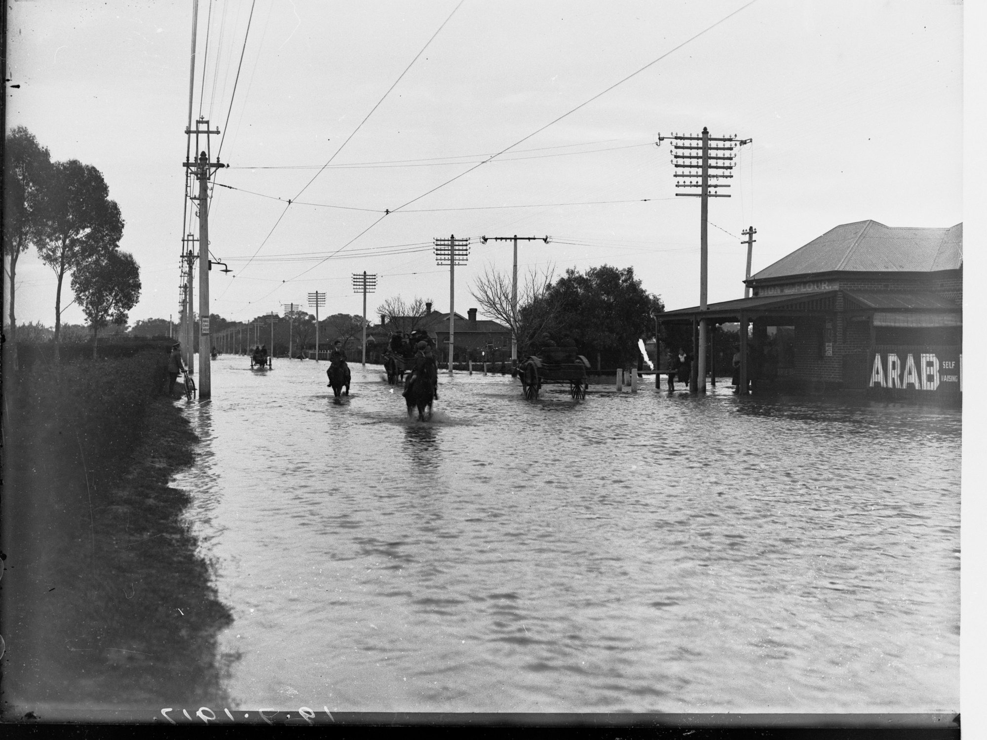 Flooded street with traffic in Adelaide 1917