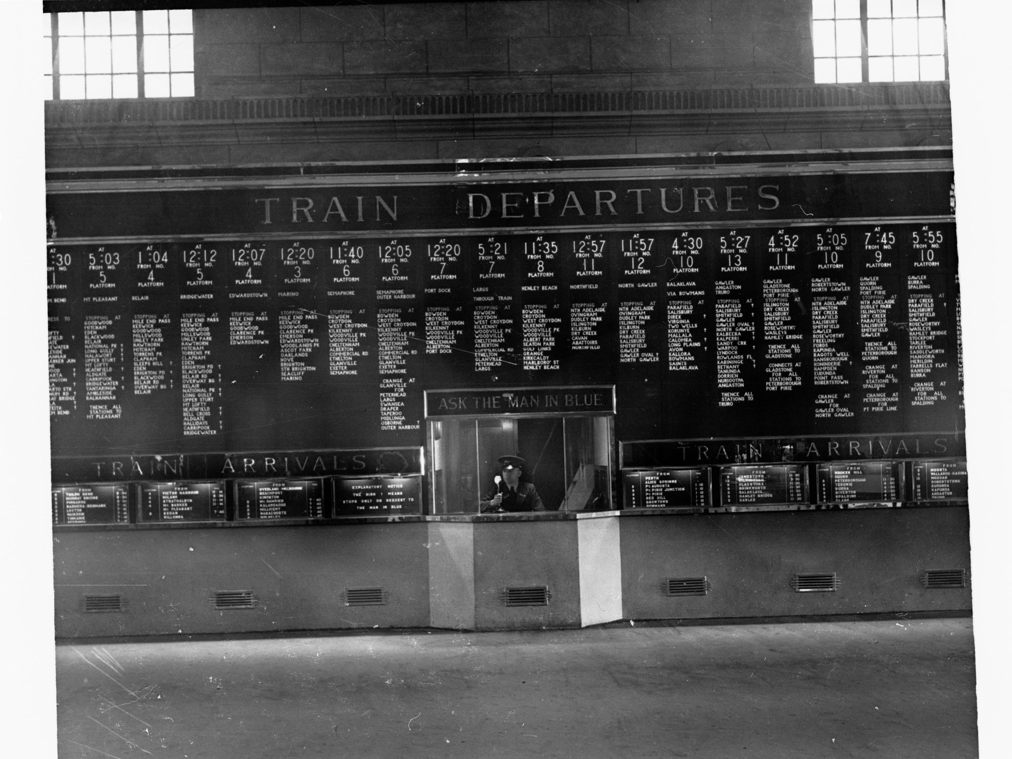 Adelaide Railway Station showing train departures and arrivals board