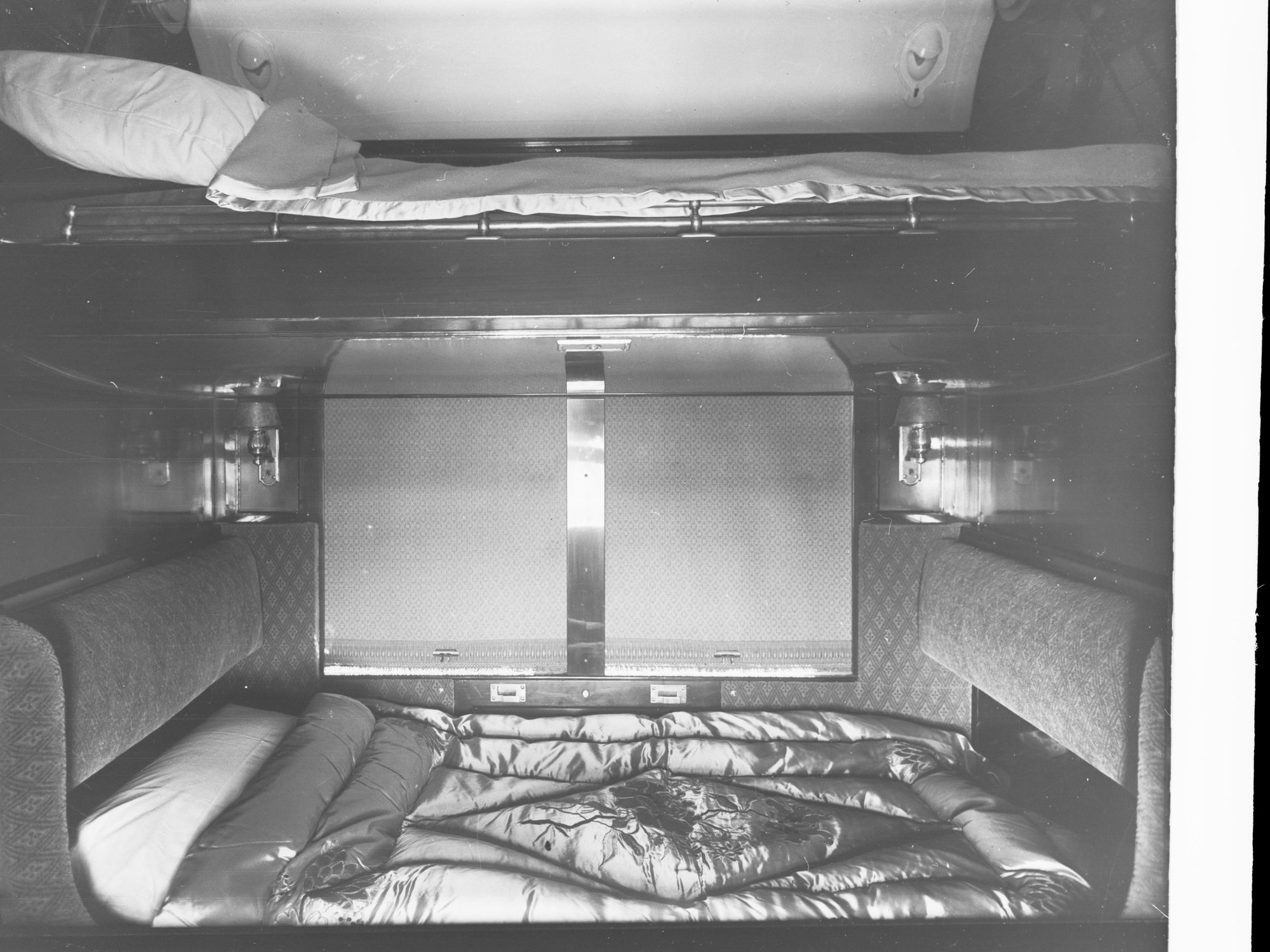Interior of railway commissioners carriage, double berth made up