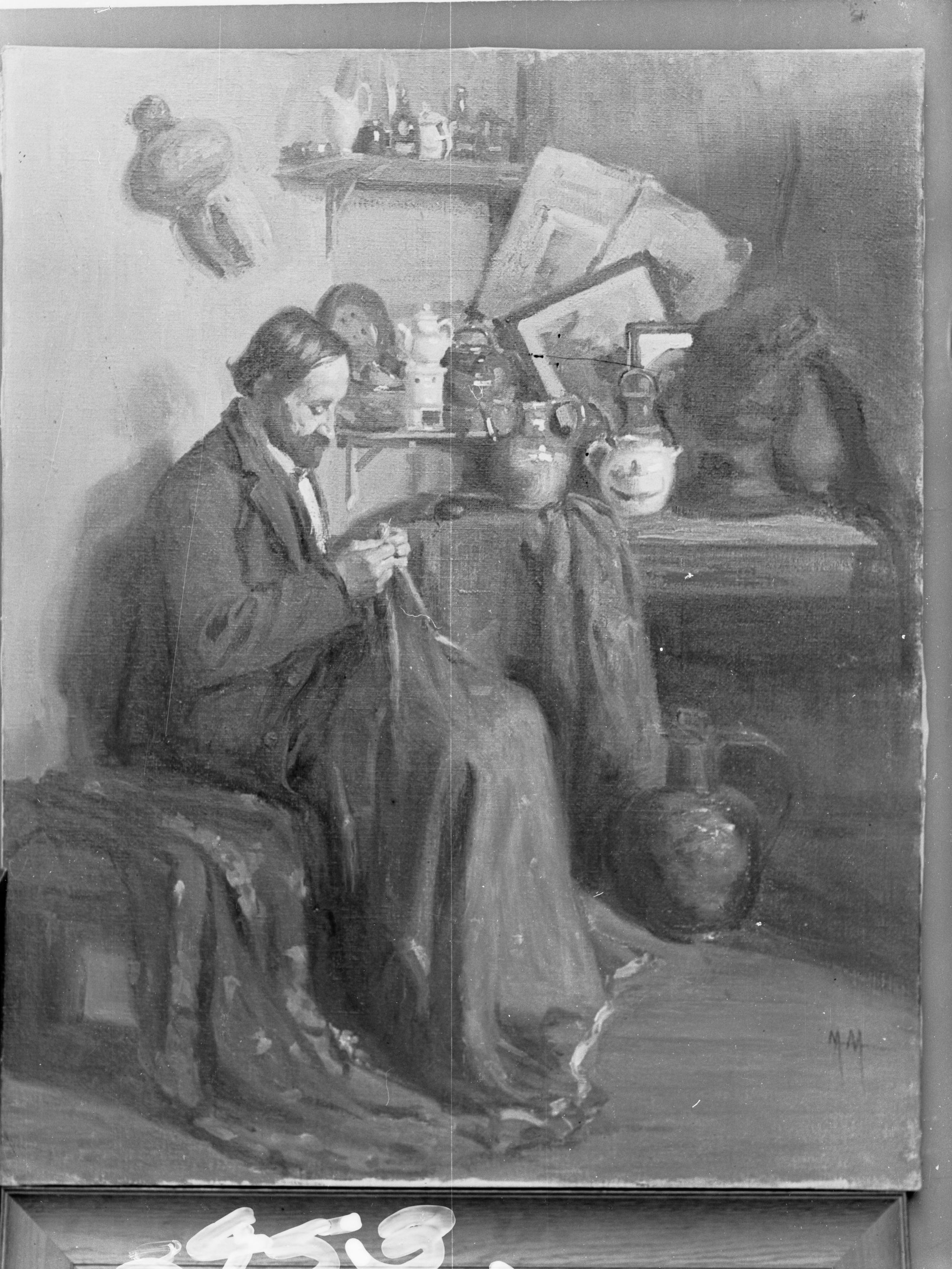 Man on a chair sewing - painting