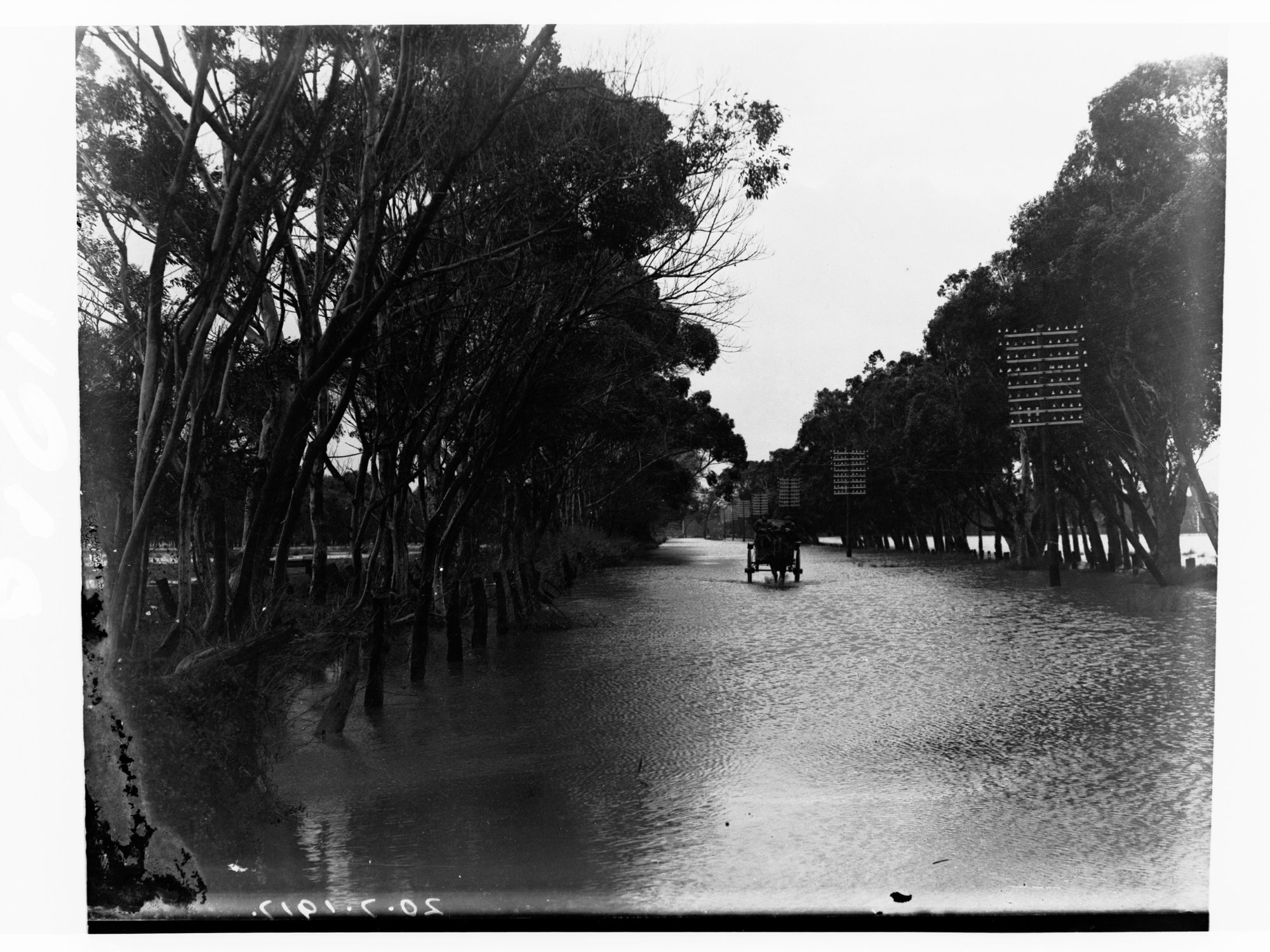Horse and carriage on a road during flood