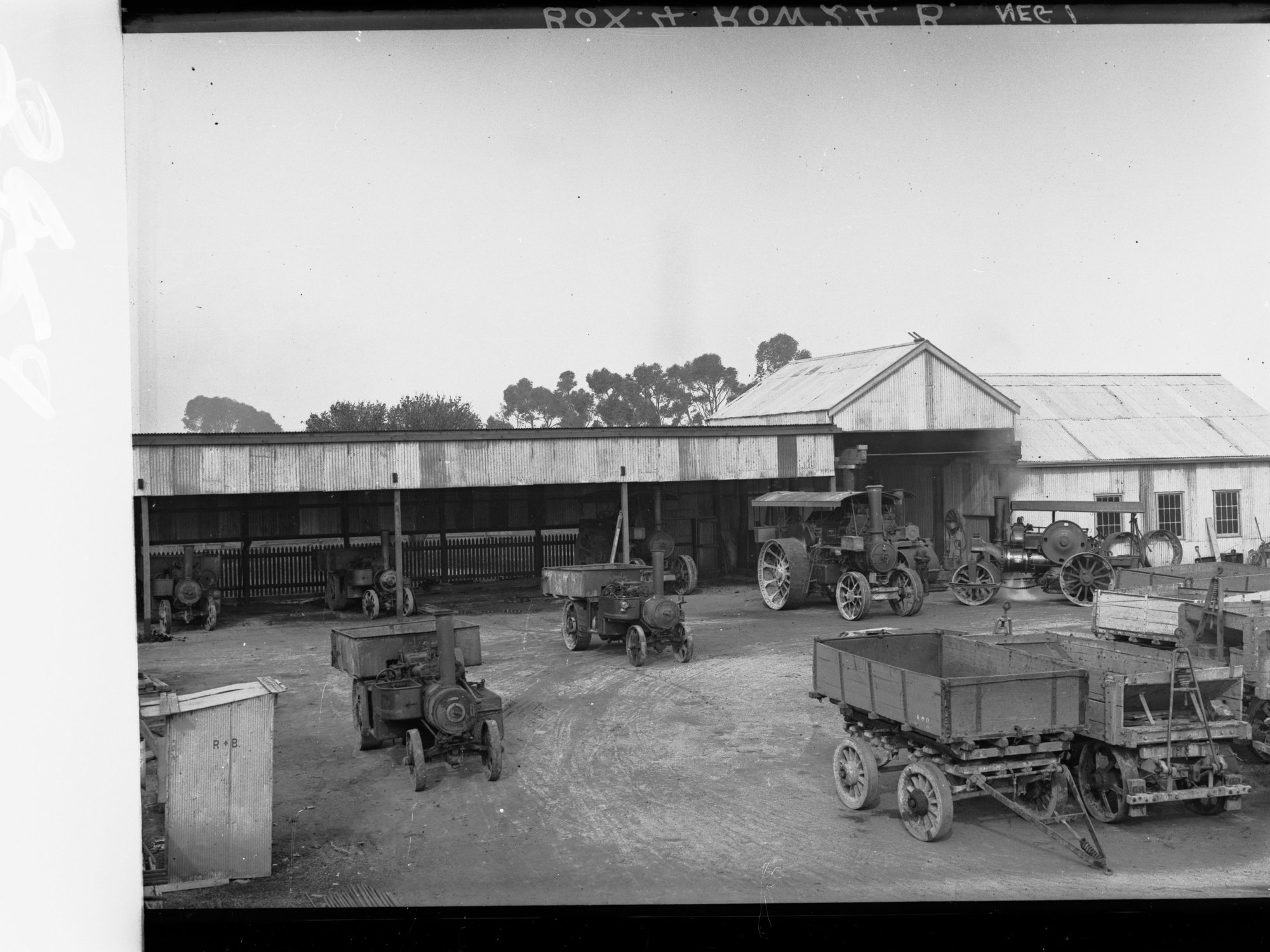 Steam traction engines and steam roller  in Local Government Yards, Thebarton  - engines run on steam - local government negatives