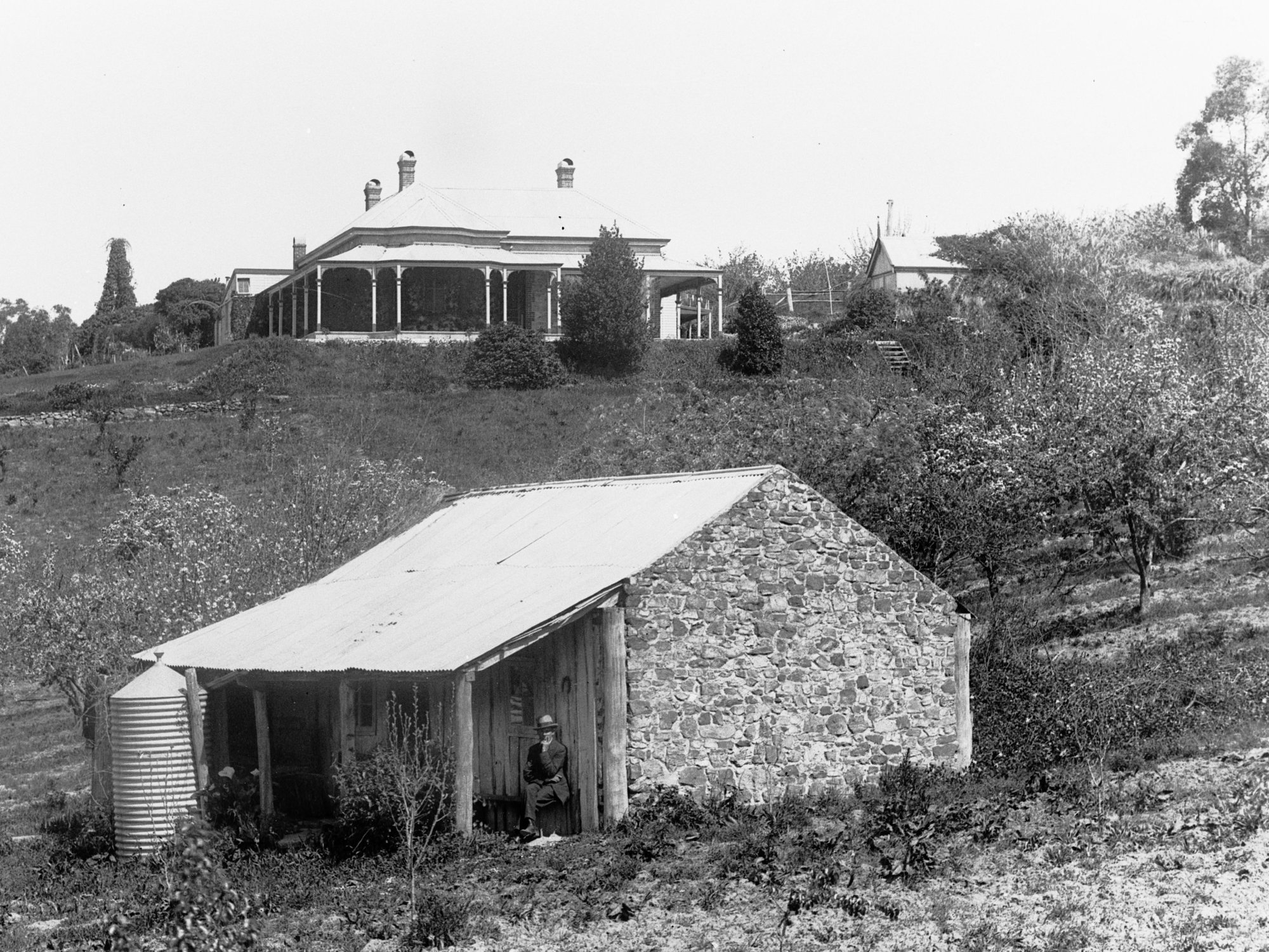 Momomeith', Marble Hill Road, Ashton, showing house and stone hut