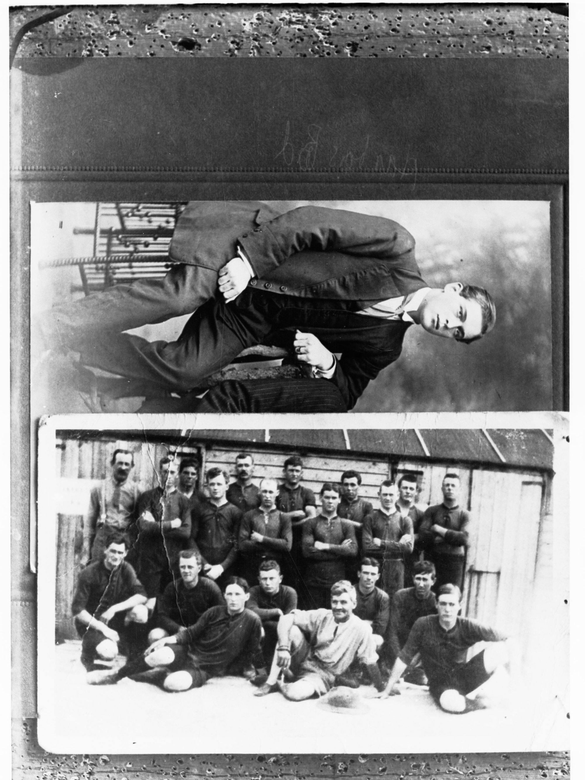 Portrait of unidentified man and group of men (two photographs on one negative)