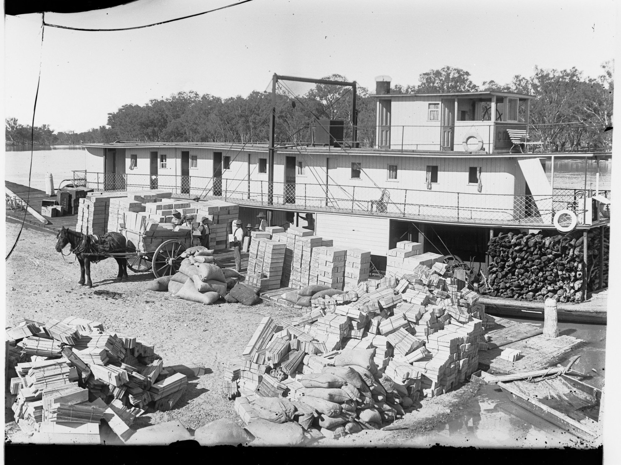 Loading Paddlesteamer "Corowra" at Renmark with Dried Fruit River Murray