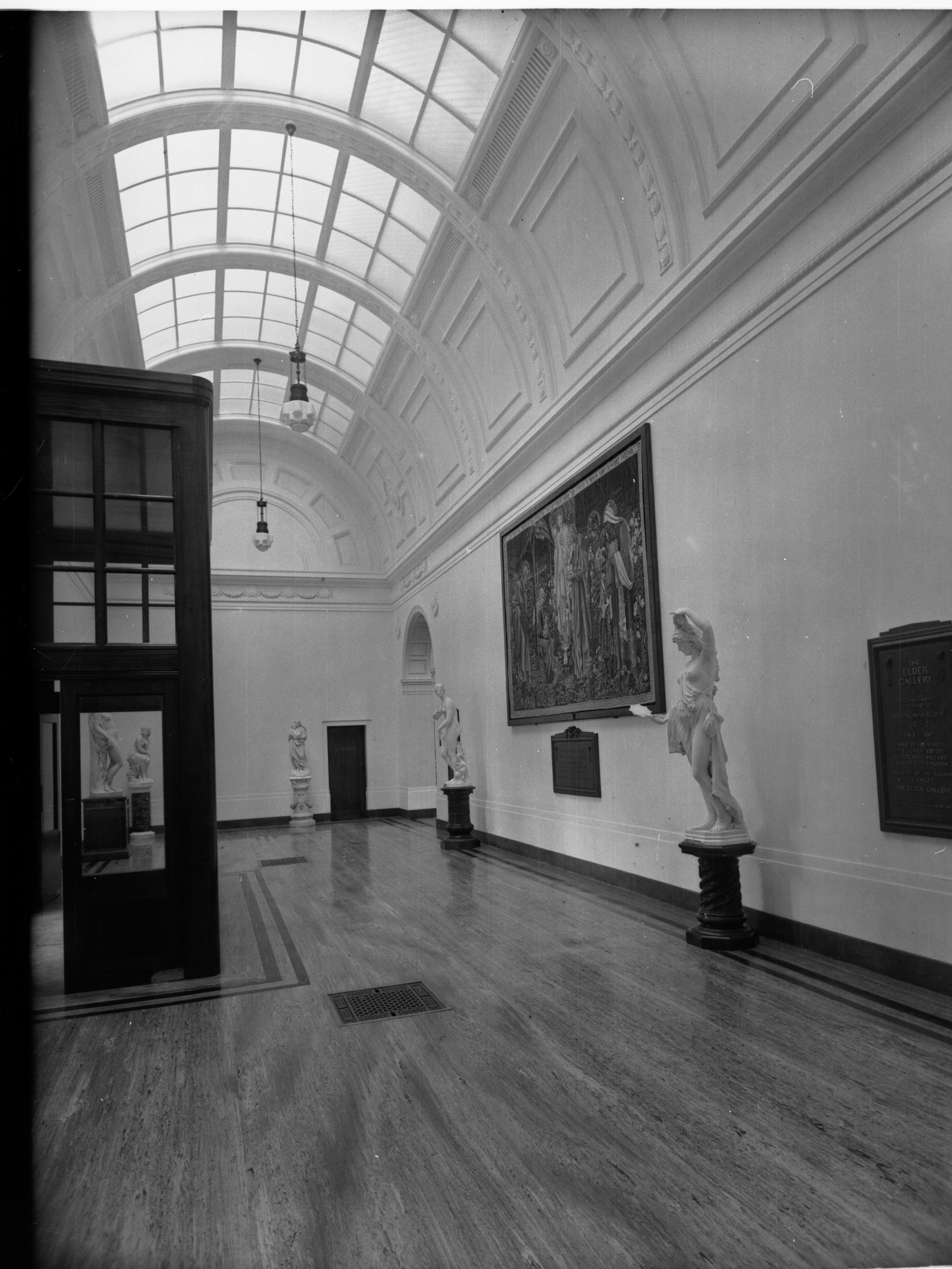 New wing of the Art Gallery of South Australia interior showing statues and paintings