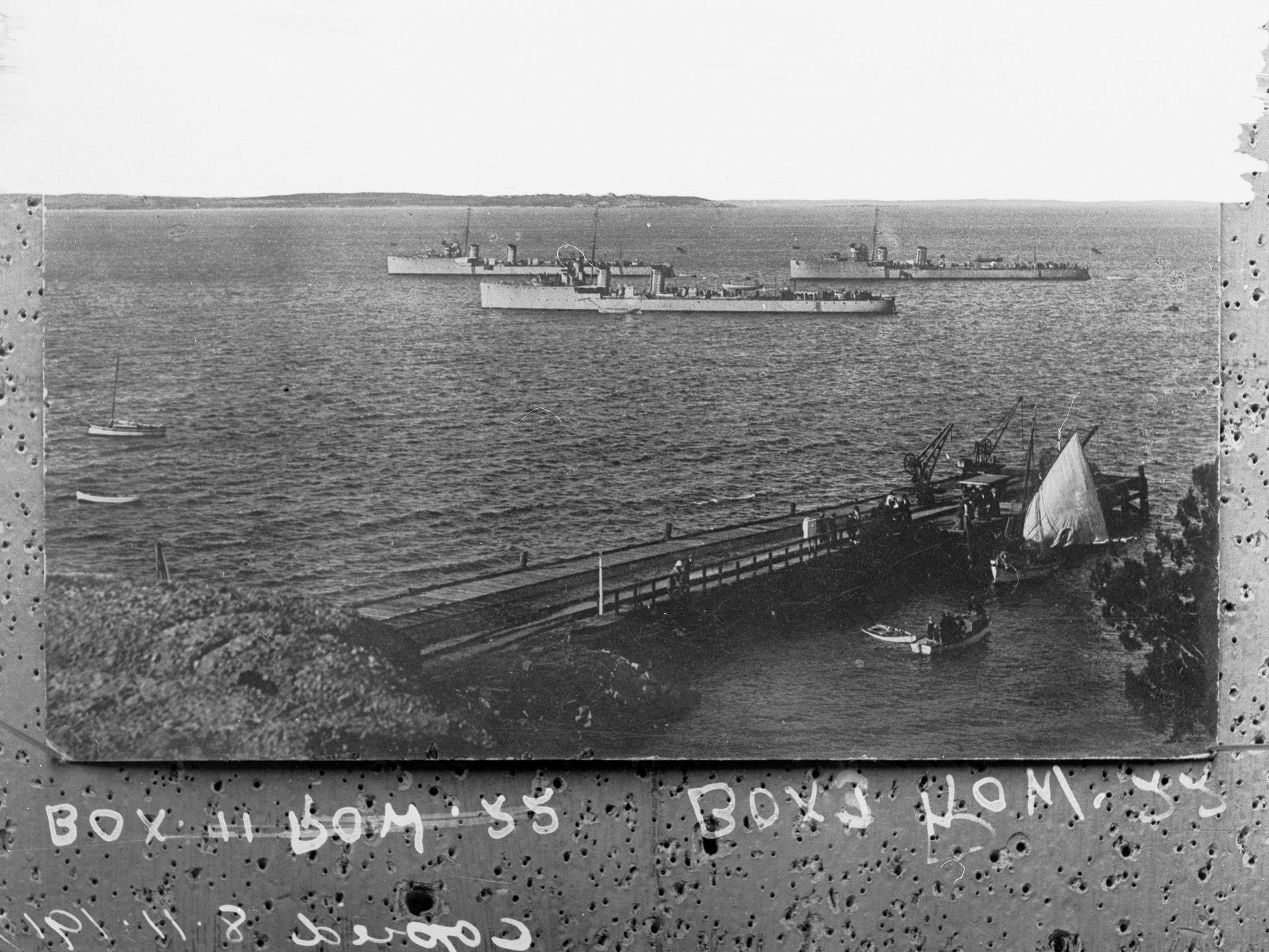Postcard of three ships in a harbour - copied for Harbours Board Report