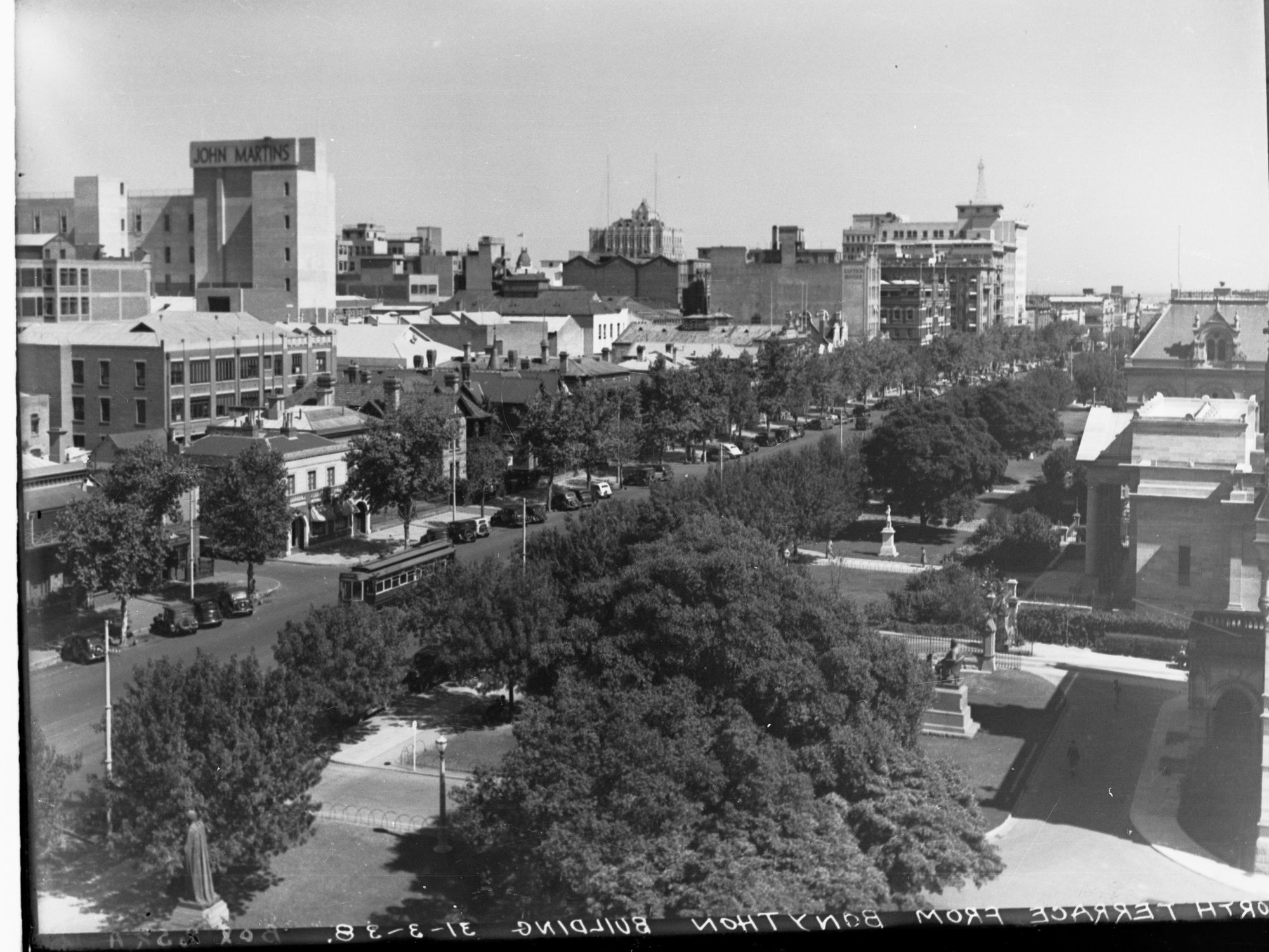 North Terrace From Bonython Building Showing Automobiles and Trams