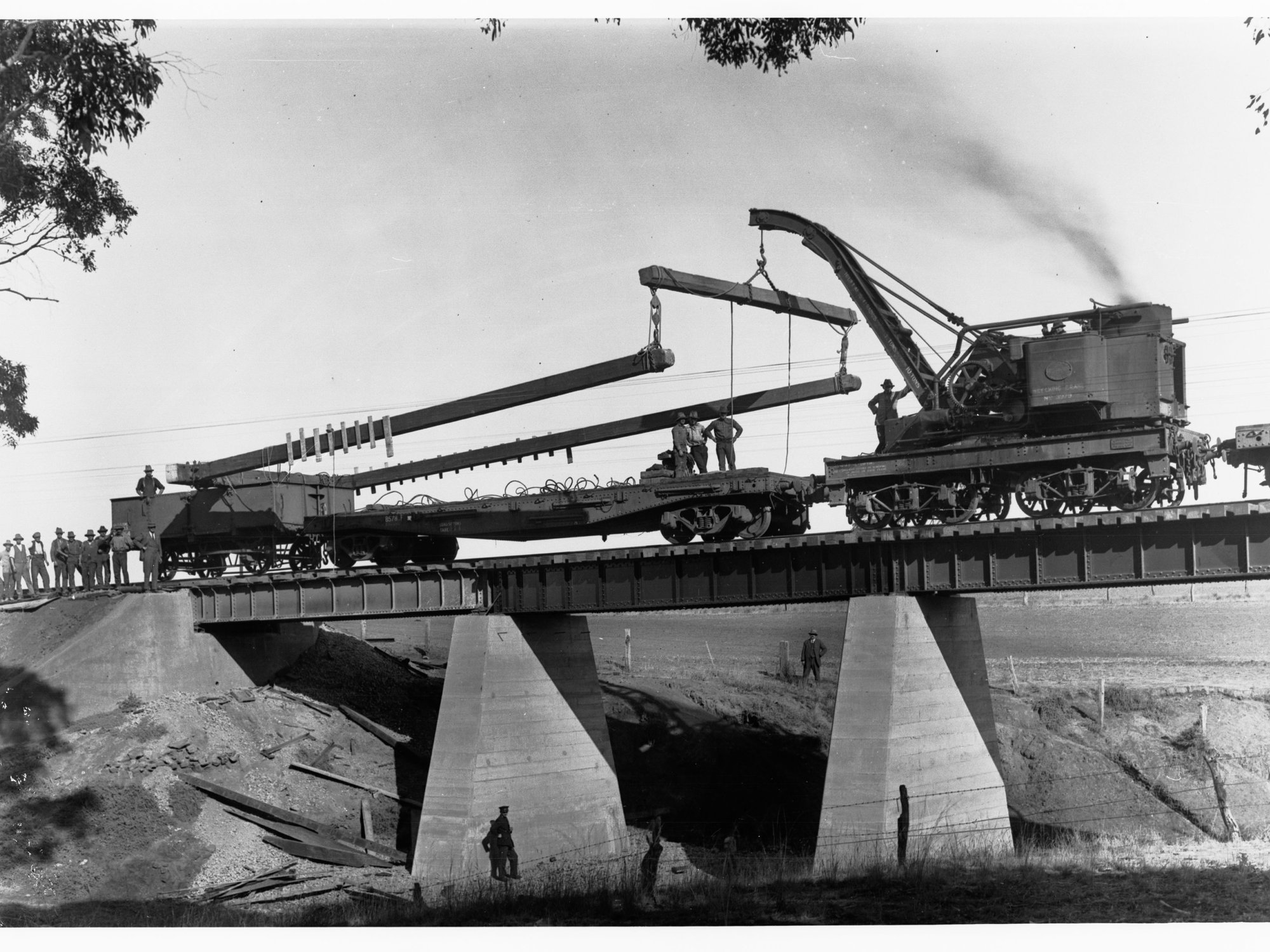 Railway Bridge over Pine Creek showing men working