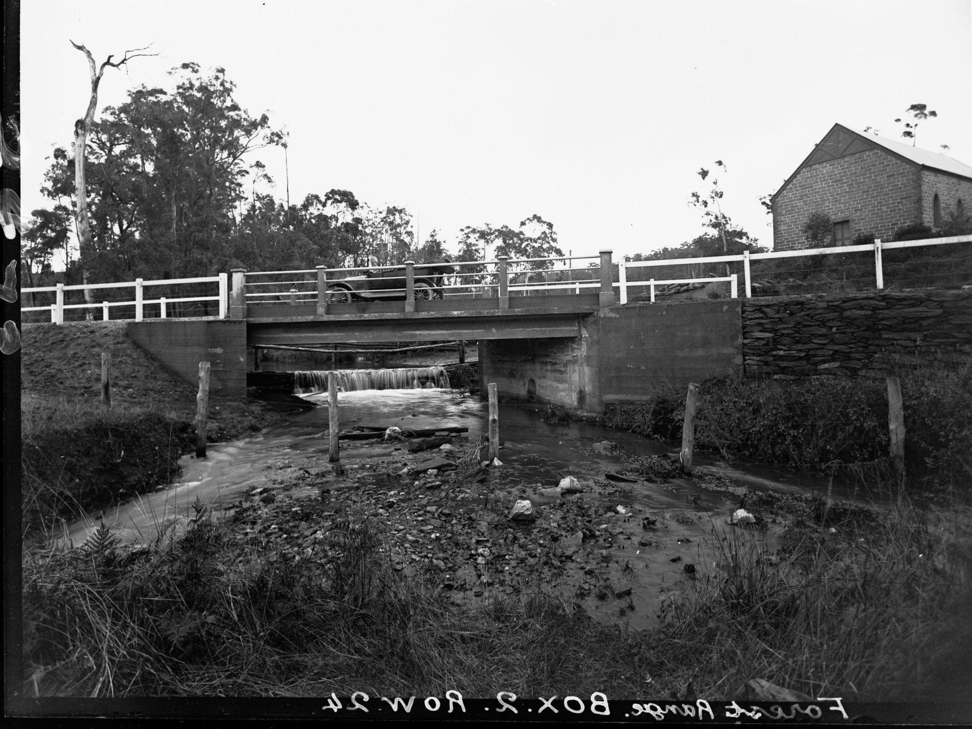 Automobile on Stony Creek Bridge by Anglican Mission Hall, Forest Range