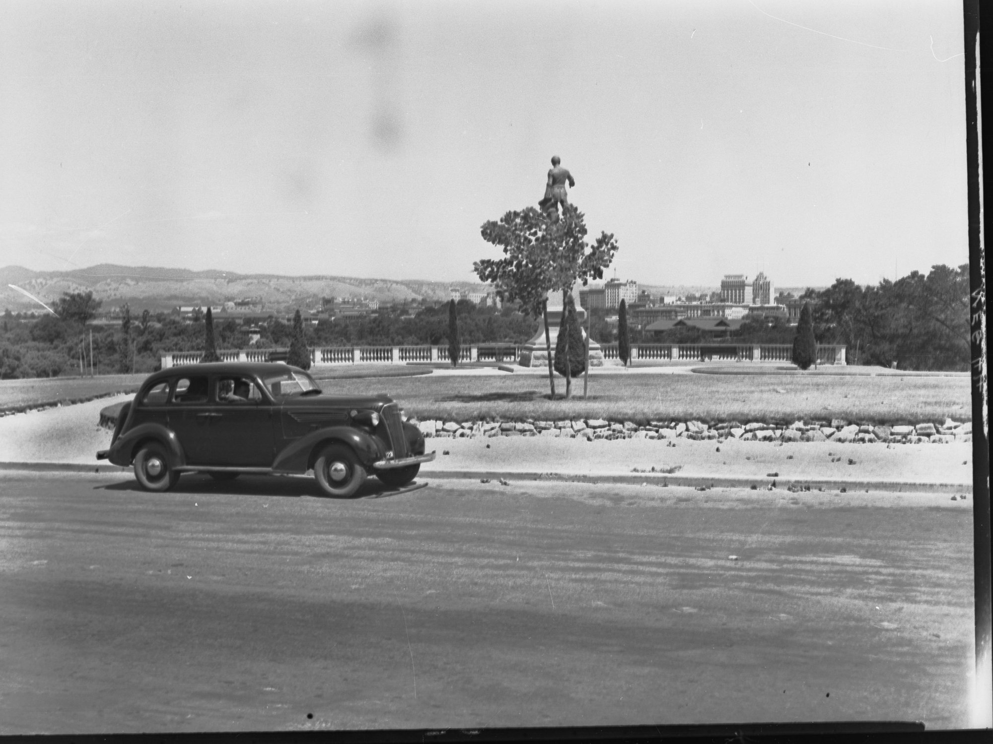 View from Montefiore Hill Overlooking City Showing Statue of Colonel Light - Automobile in Foreground