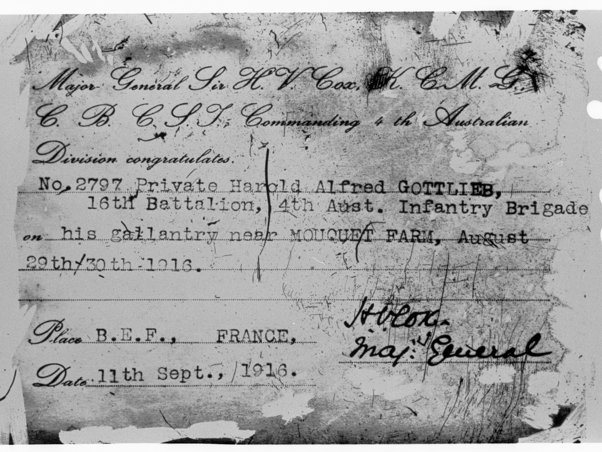 Document - Private Harold Alfred Gottlieb
