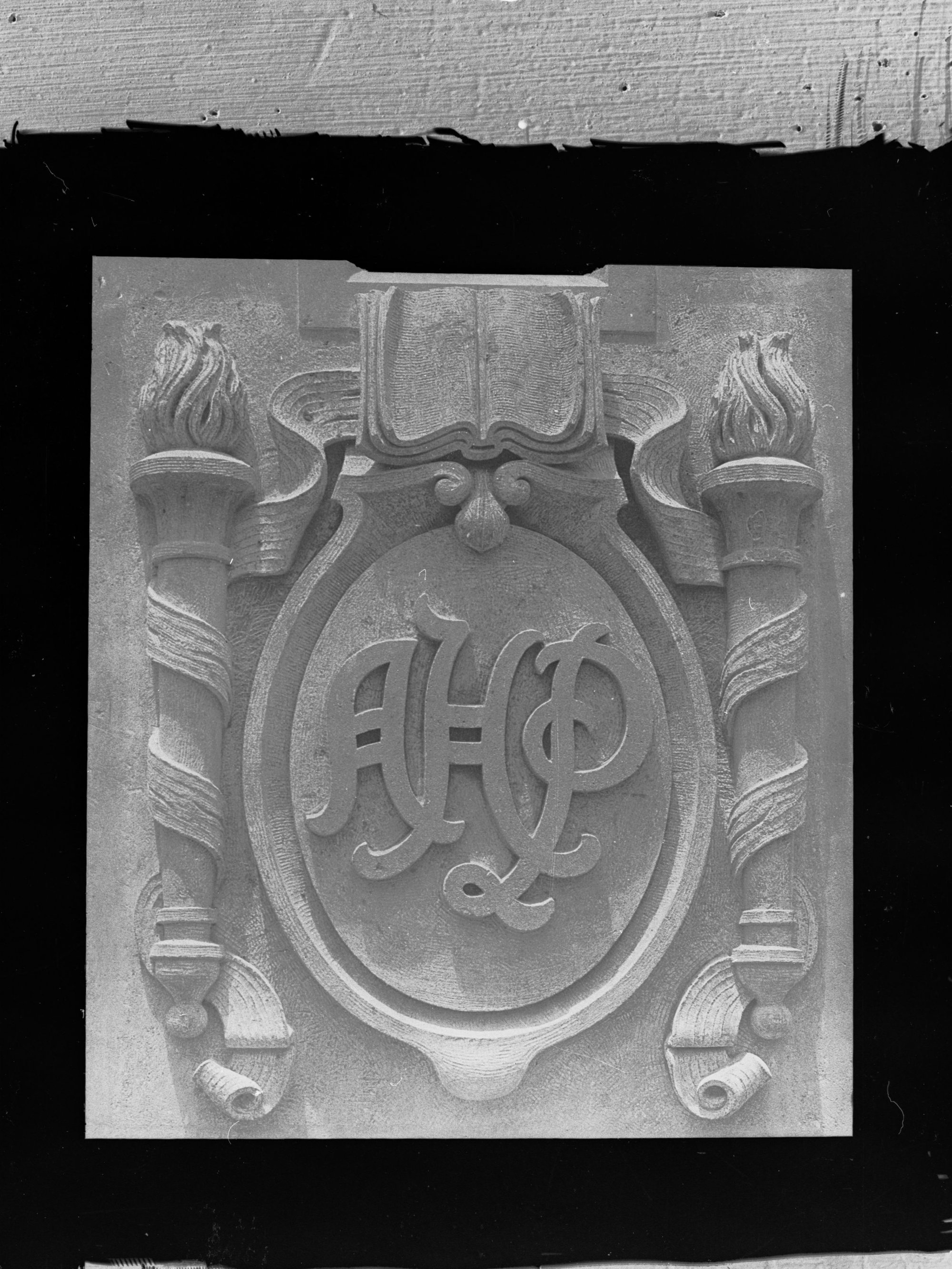 Carved stone panel for the Education Building