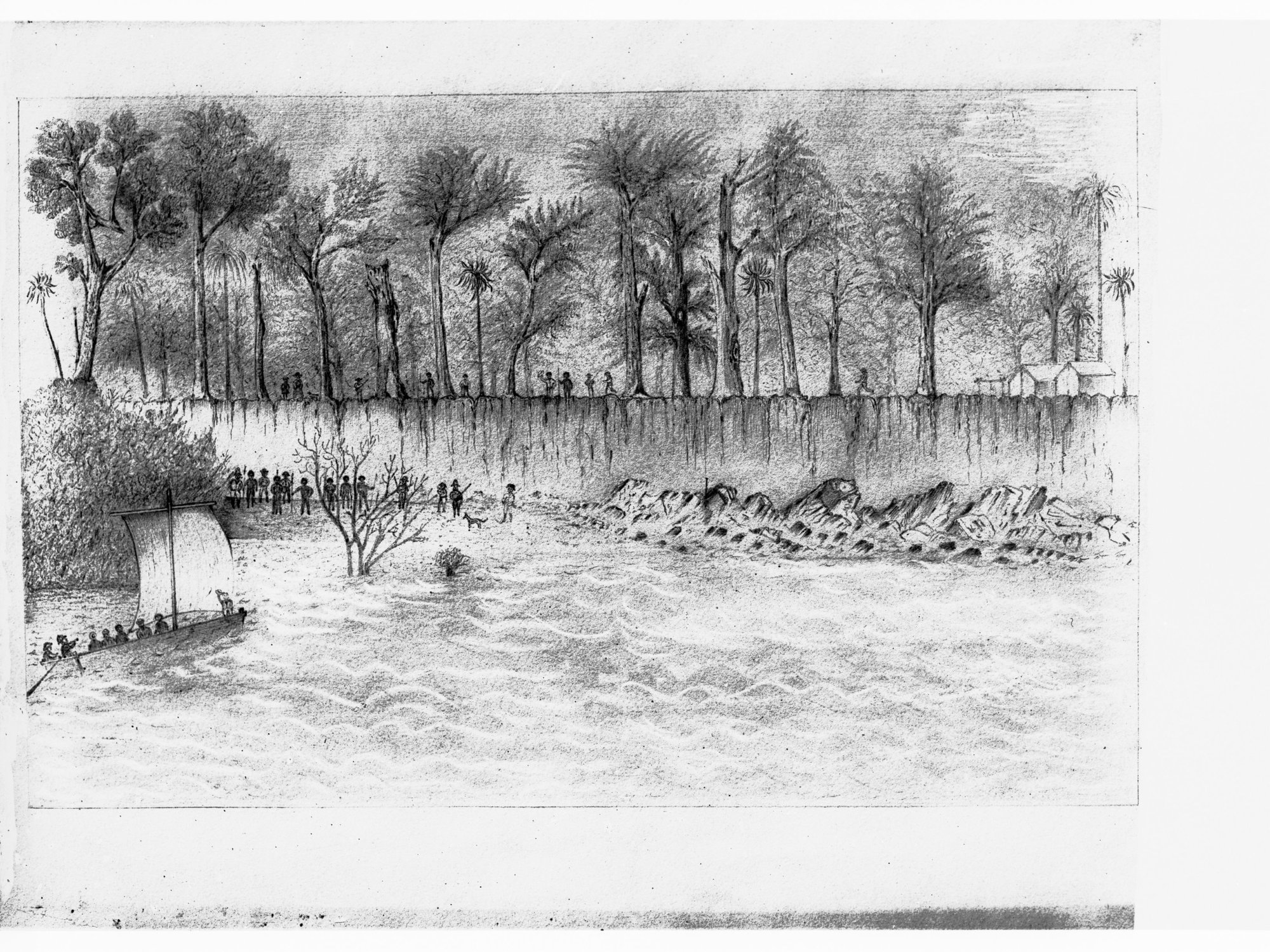 Drawing of a sailboat arriving on coast - sketch Archives Dept