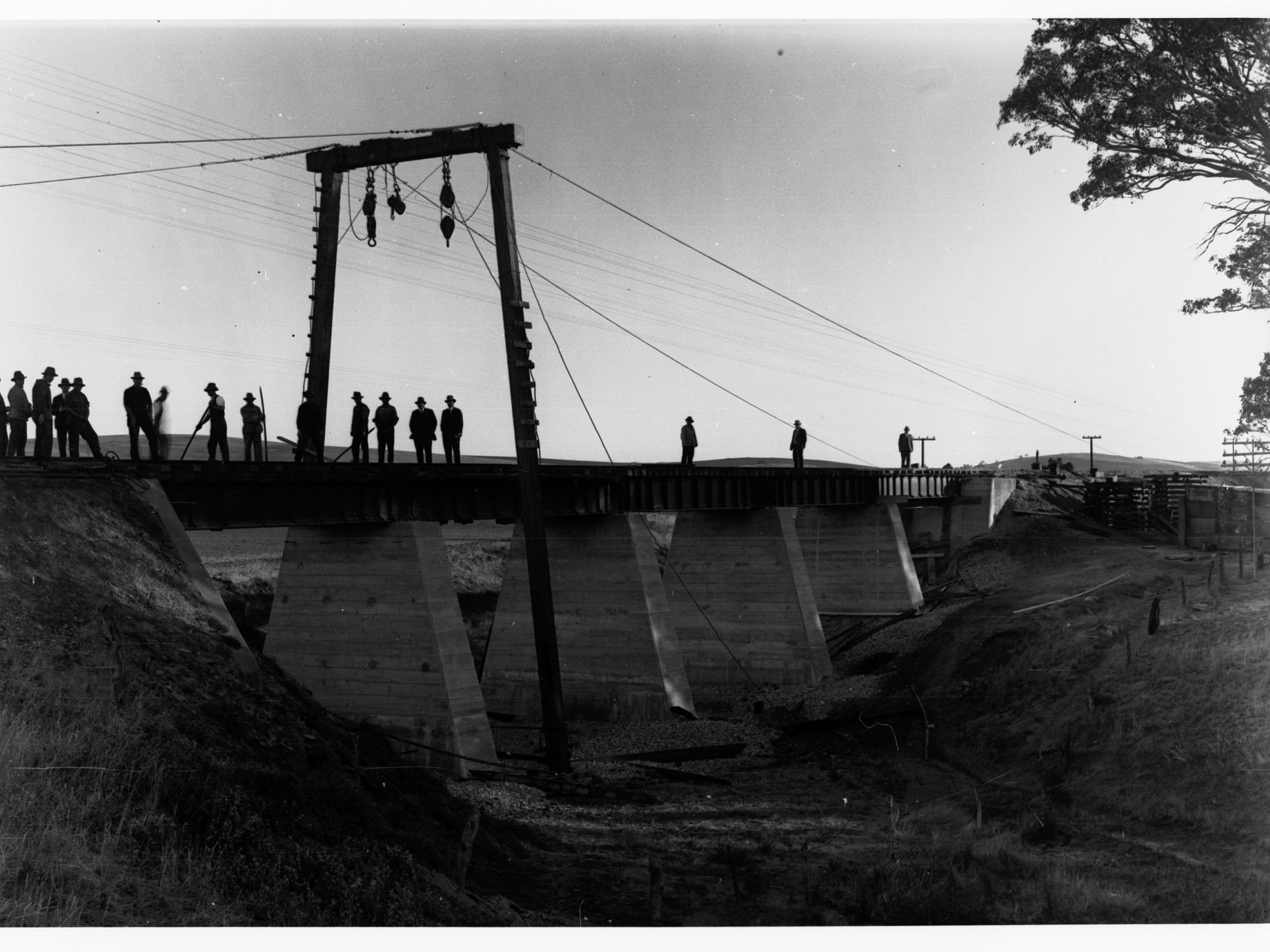 Railway Bridge over Pine Creek showing men working