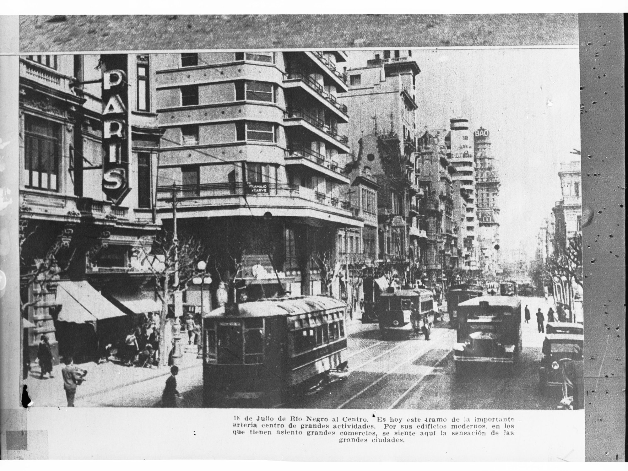 Busy City Street Possibly in Uruguay Showing Trams