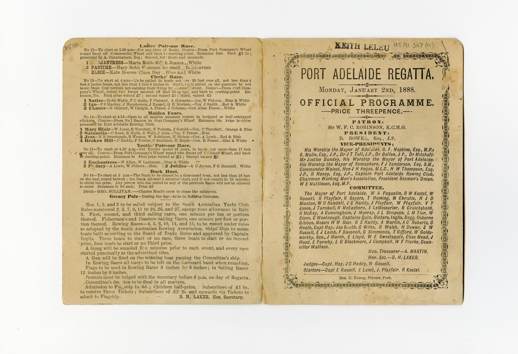 Port Adelaide Regatta programme, 1888
