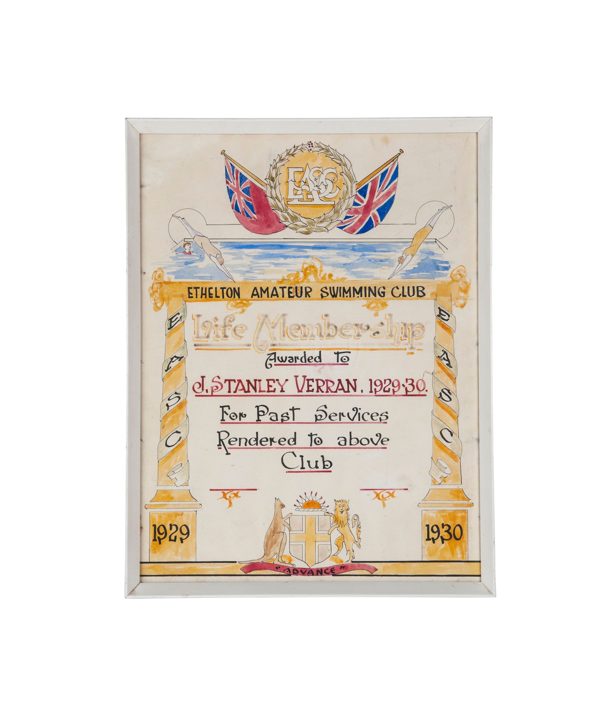 Framed Certificate - Ethelton Amateur Swimming Club
