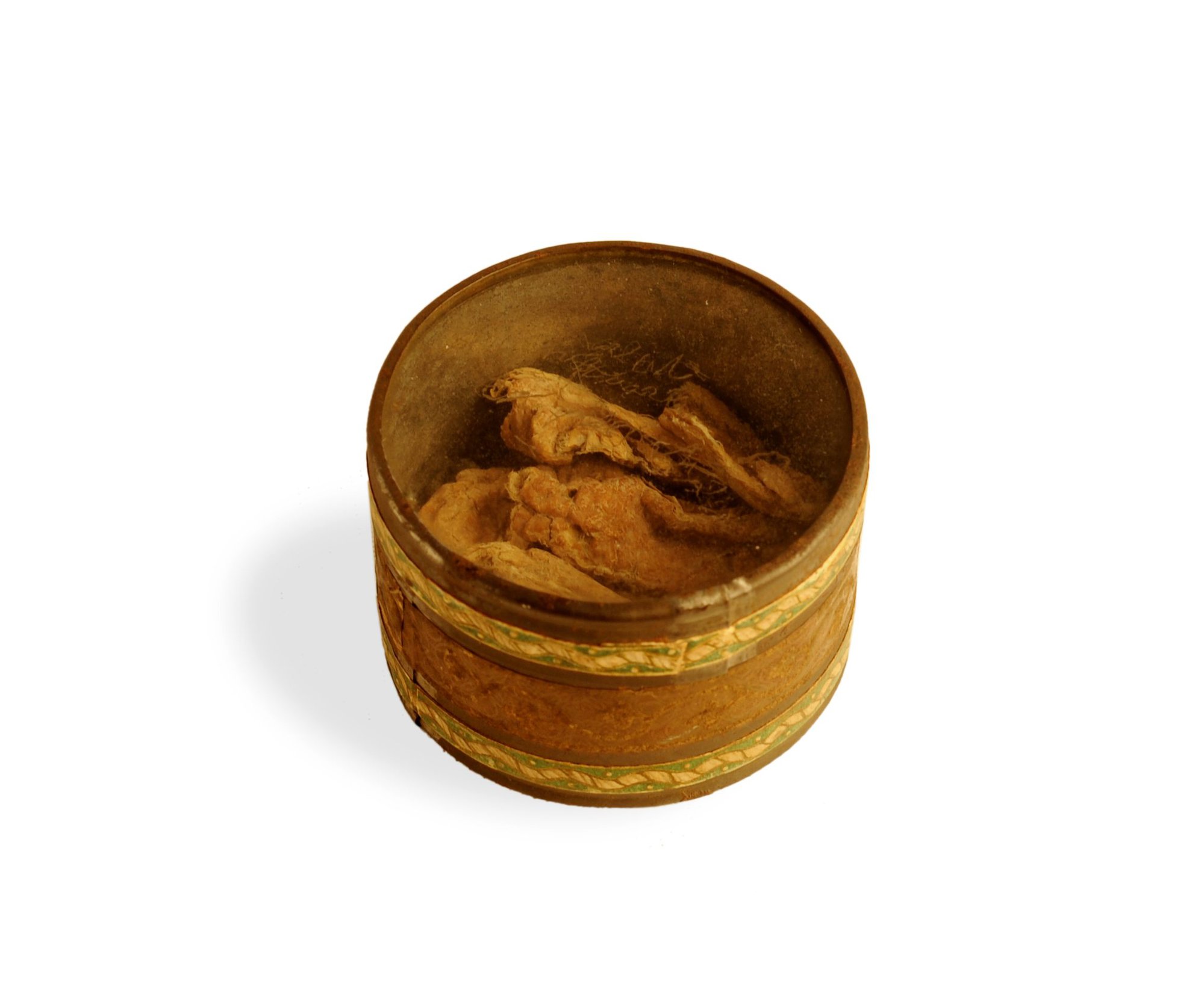 Pieces of Jerked Meat in Tin and scrap of paper