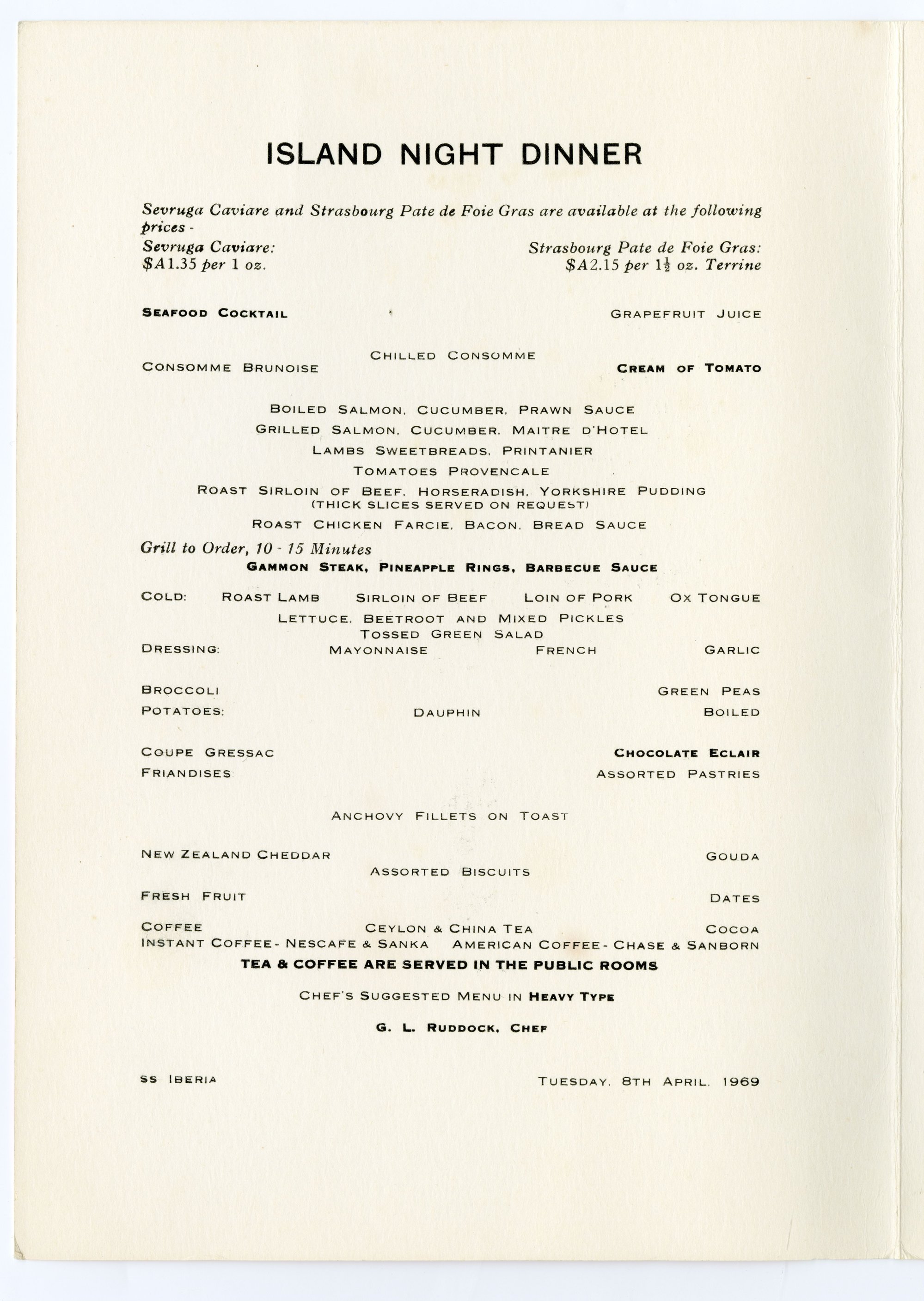 Menu , SS Iberia , Island Night Dinner
