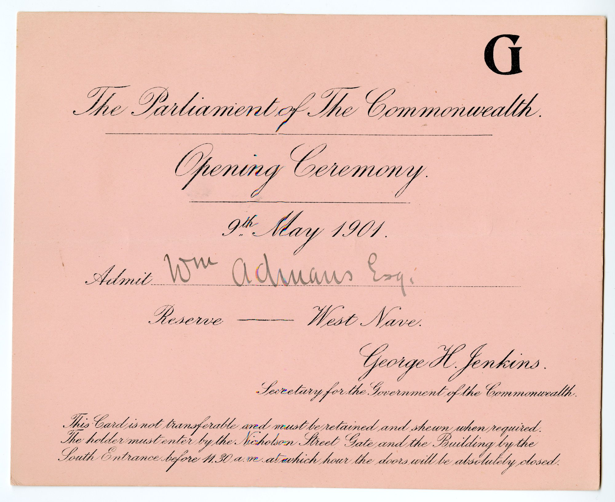 Admission Card - 9th May, 1901.