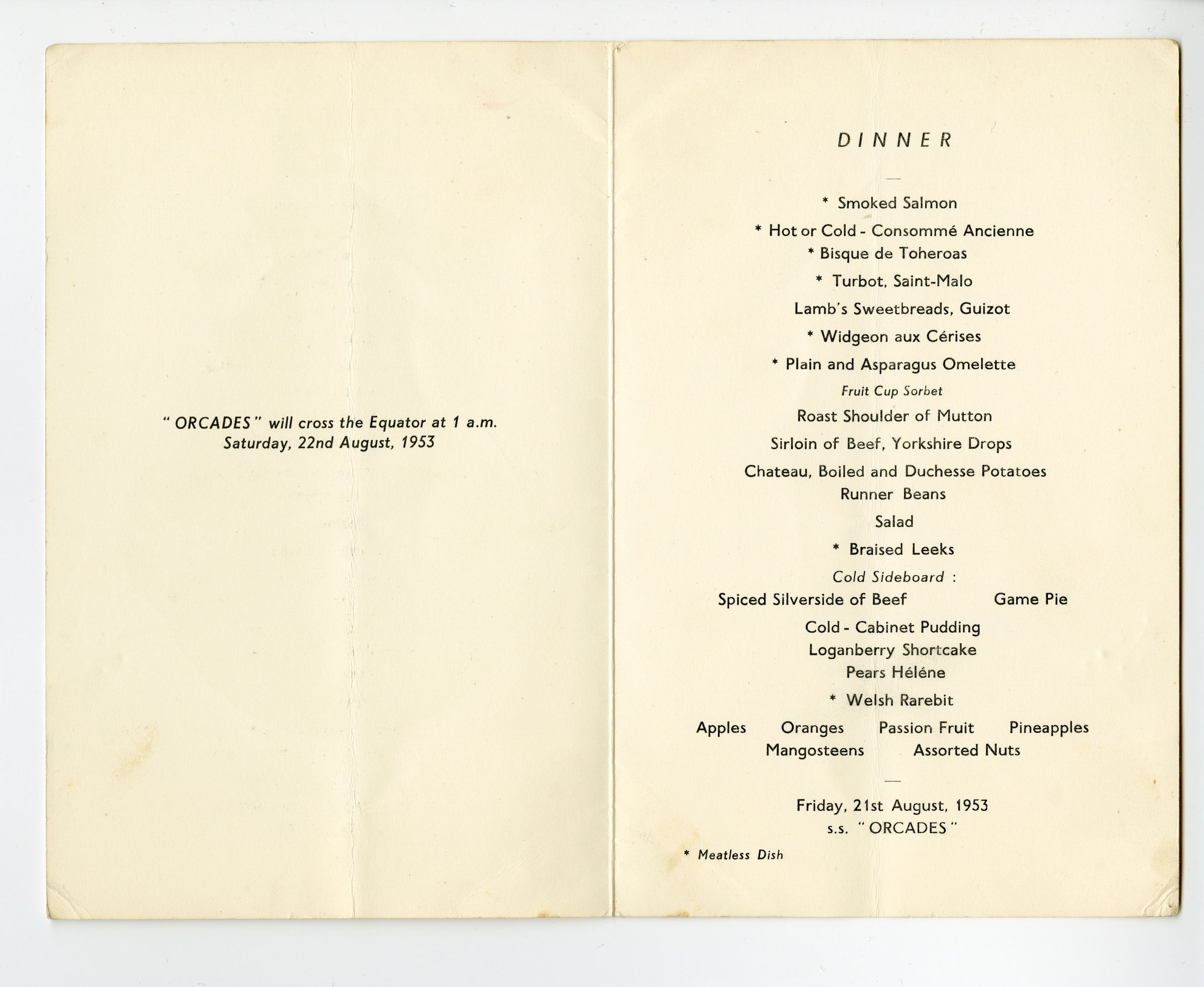 Souvenir Menu from ORCADES Commemorating Equator Crossing