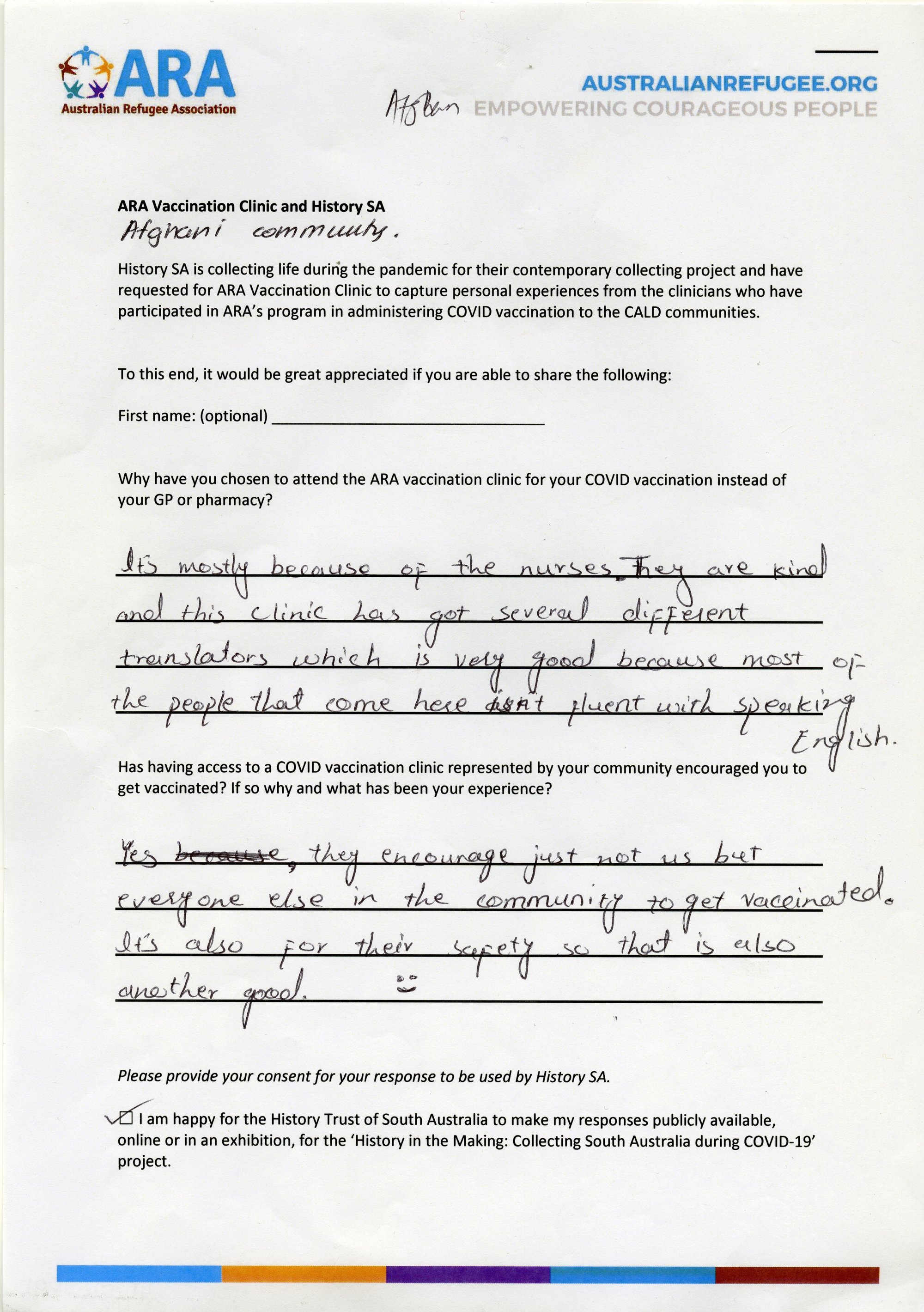 ARA Vaccination Clinic questionnaire - Afghan patient