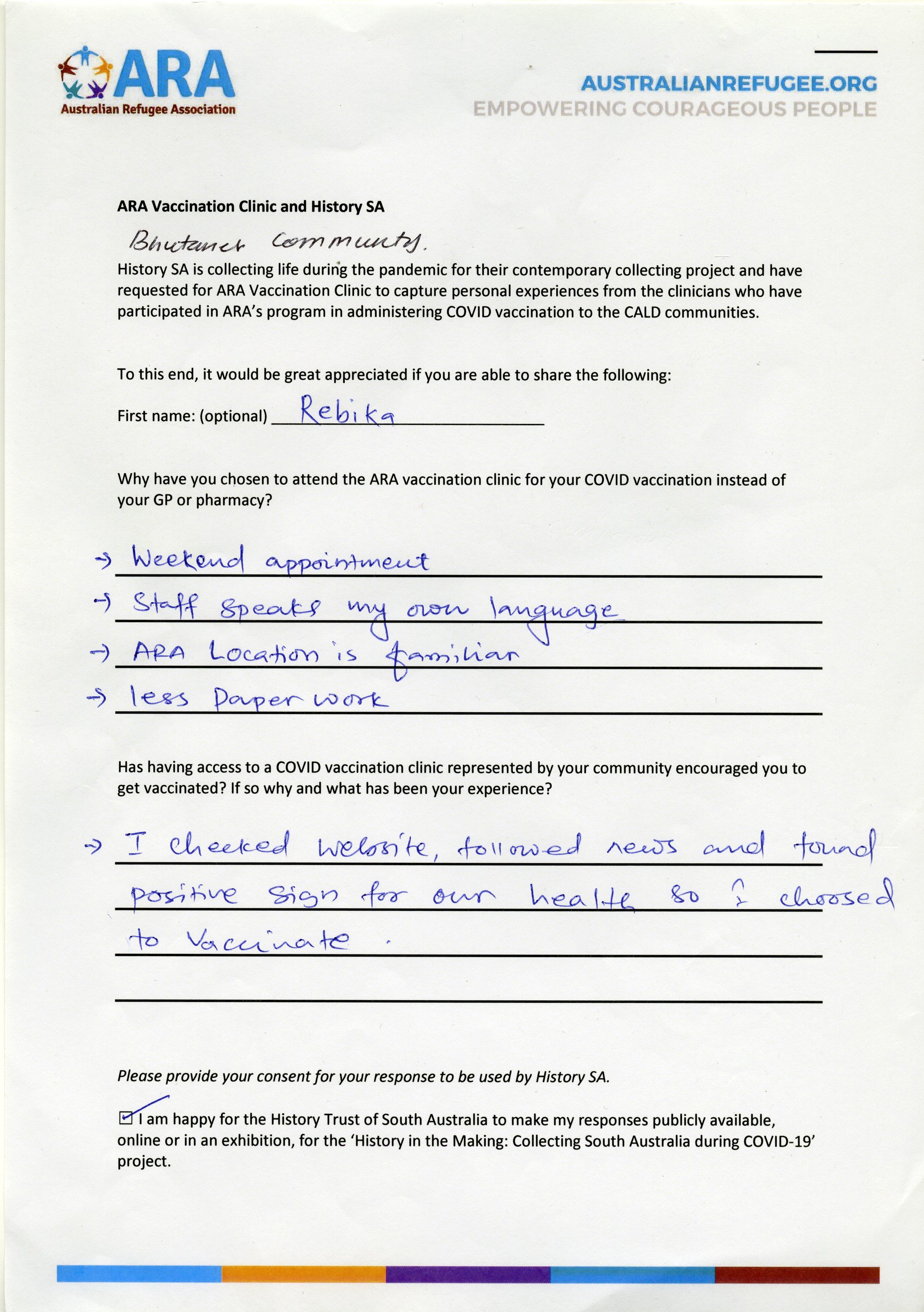 ARA Vaccination Clinic questionnaire - Buthanese patient