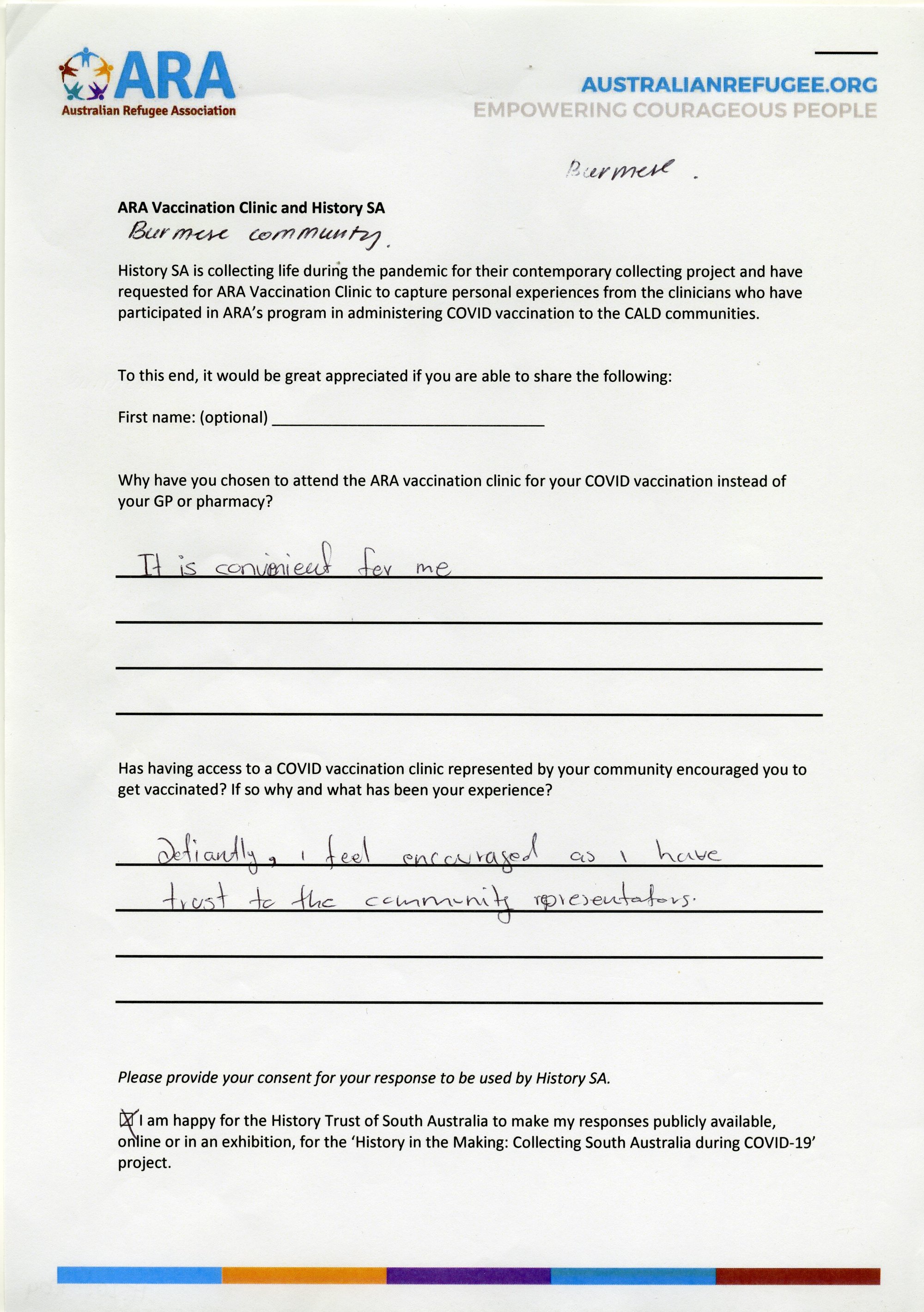 ARA Vaccination Clinic questionnaire - Burmese patient