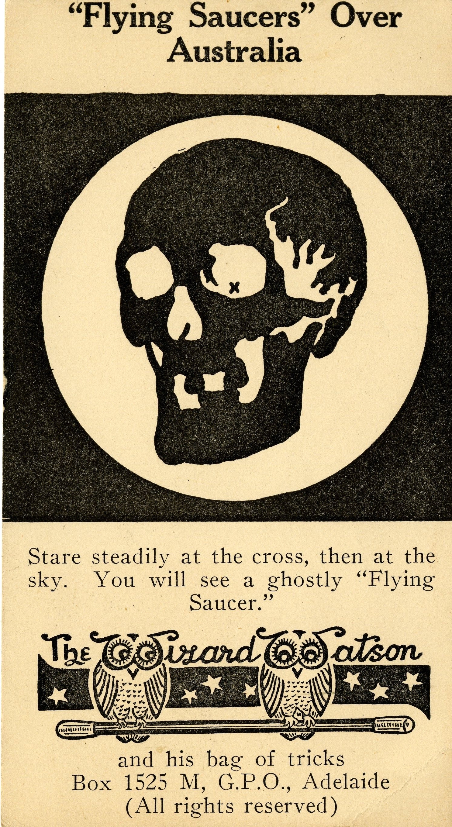 Trick card pamphlet, 'Flying saucers over Australia'