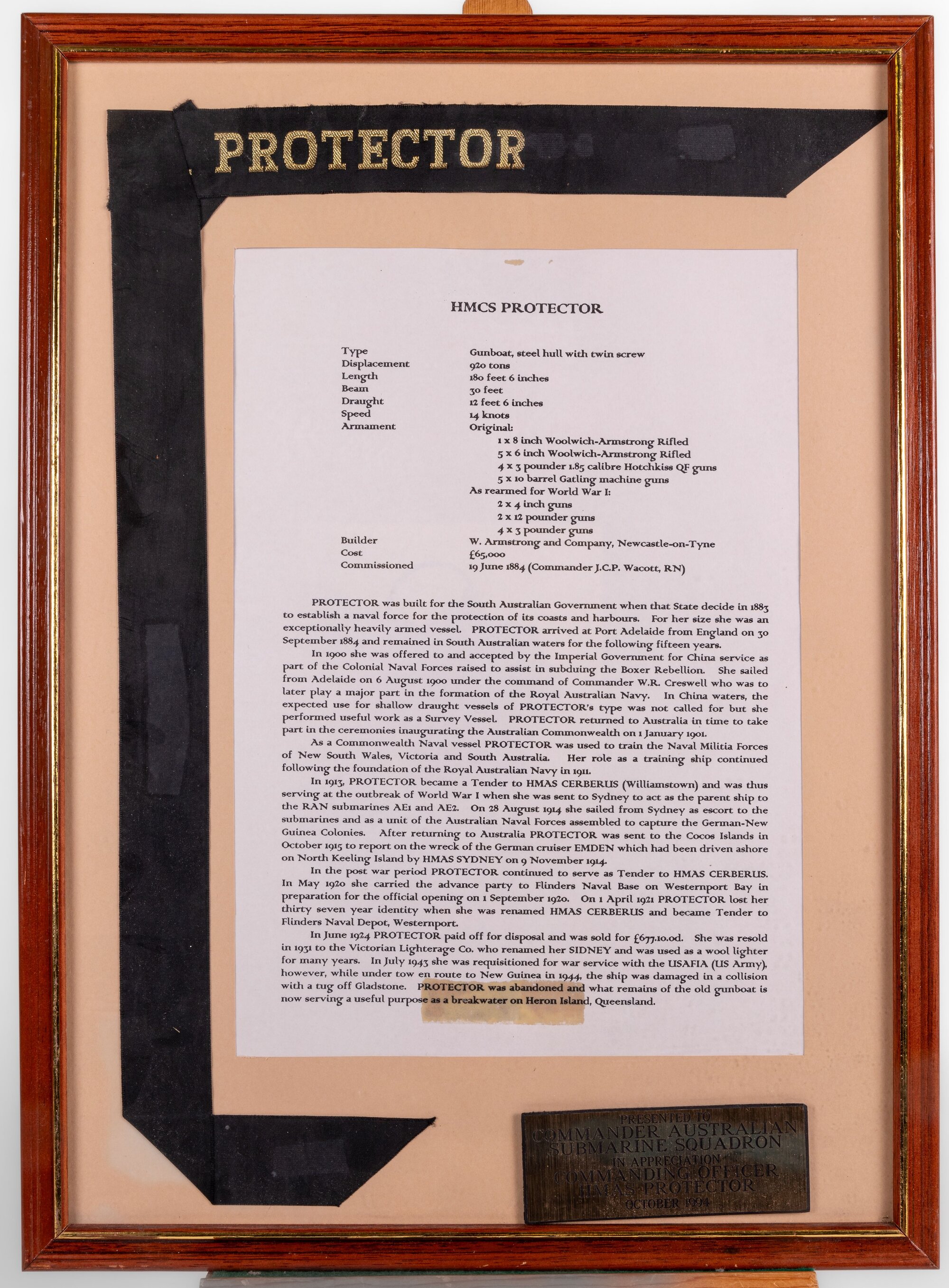 Framed certificate HMCS Protector