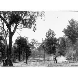 Rural view showing a man burning wood - location unknown