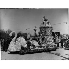 Adelaide Centenary floats for floral pageant, float depicts GPO tower, a kangaroo and large swan