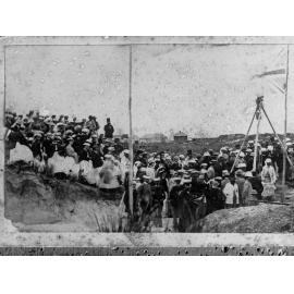 Crowd of people. Laying foundation stone of church, Victor Harbor's public library