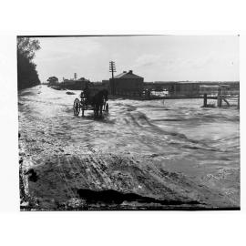 Man in horse drawn carriage riding through flooded street